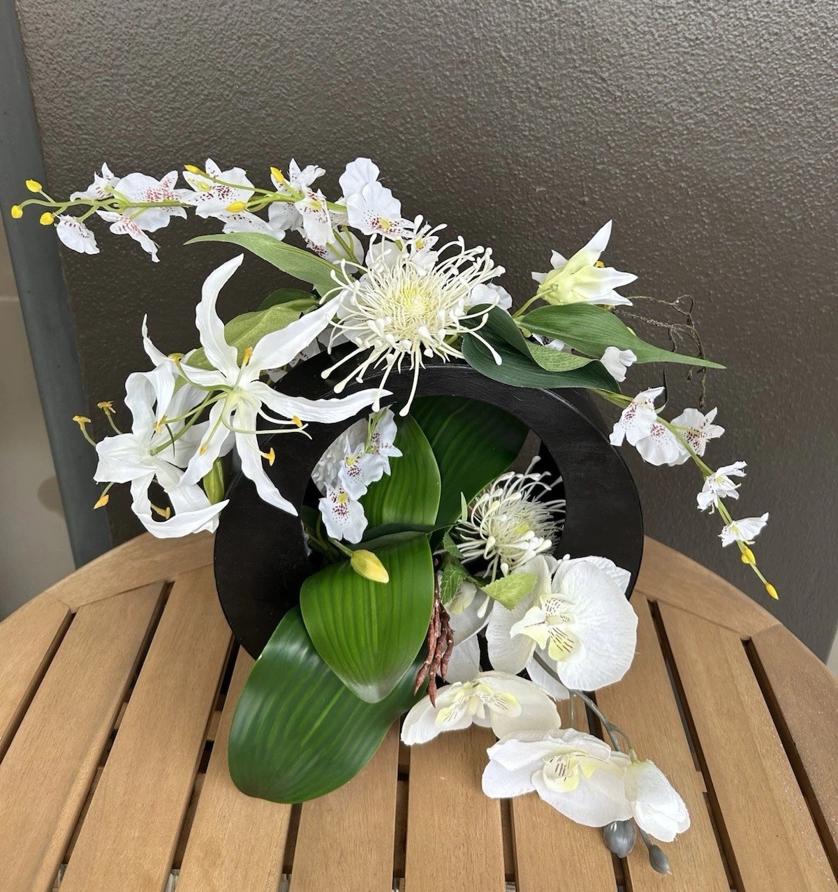 Silk Floral arrangement, centerpiece, orchids, lilies, Japanese,contemporary,