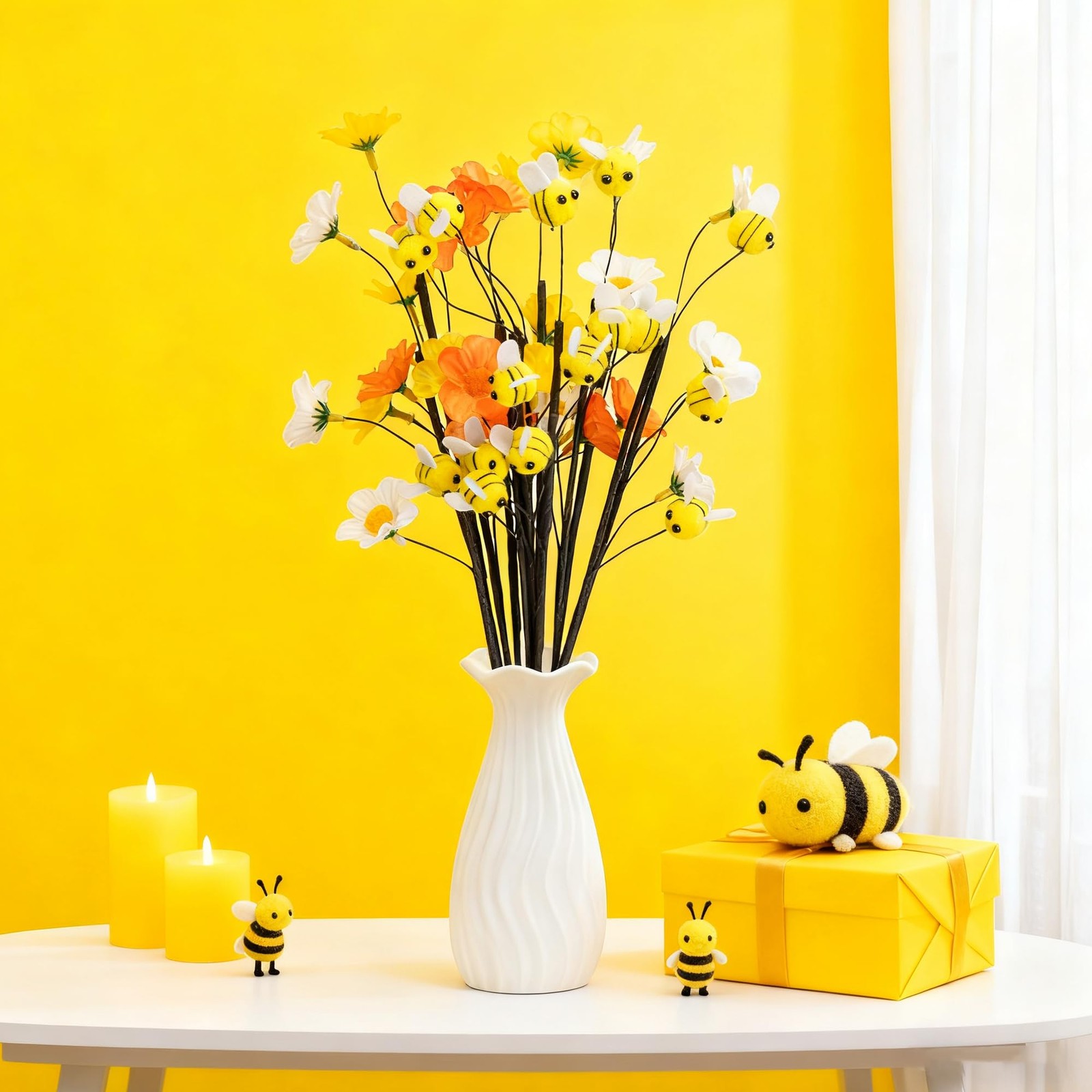 24 Pcs Felt Bee Stems with Artificial Flowers Picks, Felt Honeybee Branches F…