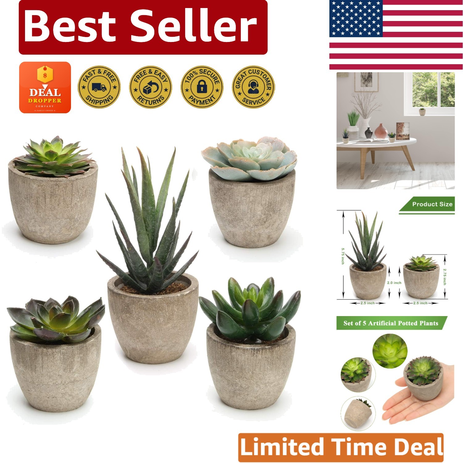 Set of 5 Realistic Artificial Succulent Plants in Stylish Pots for Home Decor