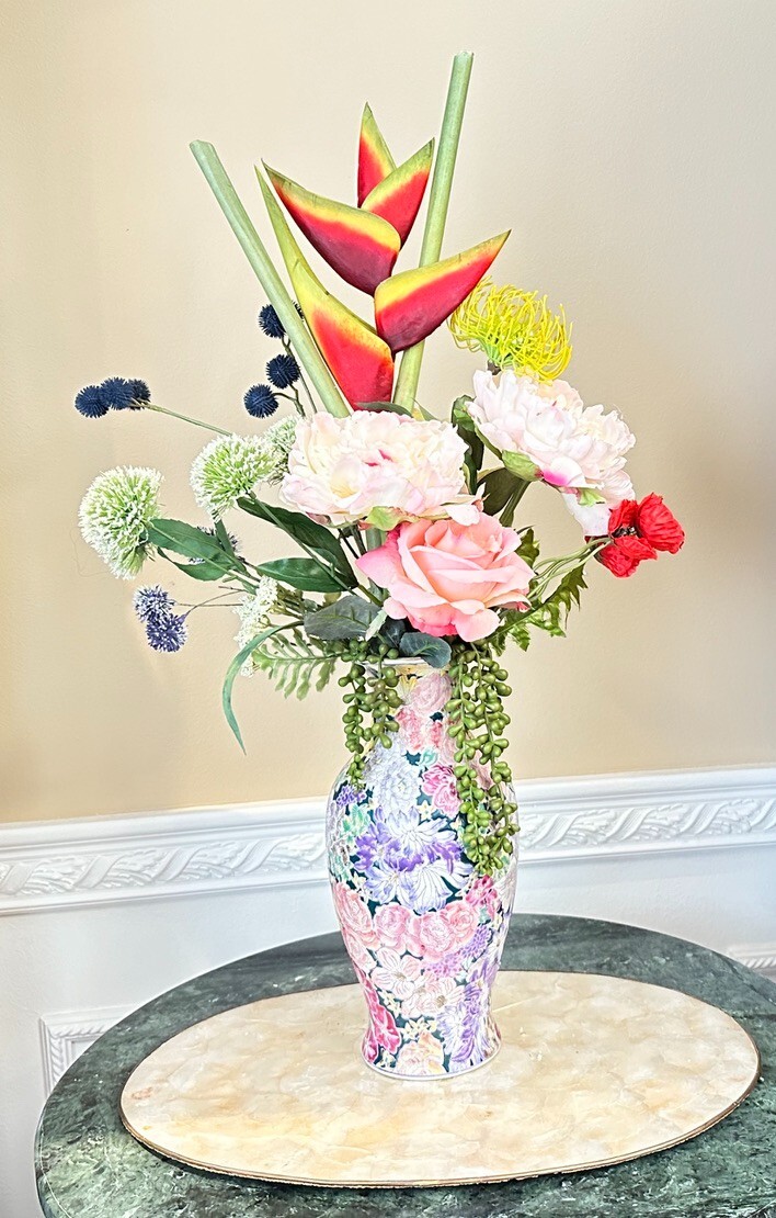 Floral Arrangement Centerpiece Multi-Colored Silk Flowers In Enamel Floral Vase
