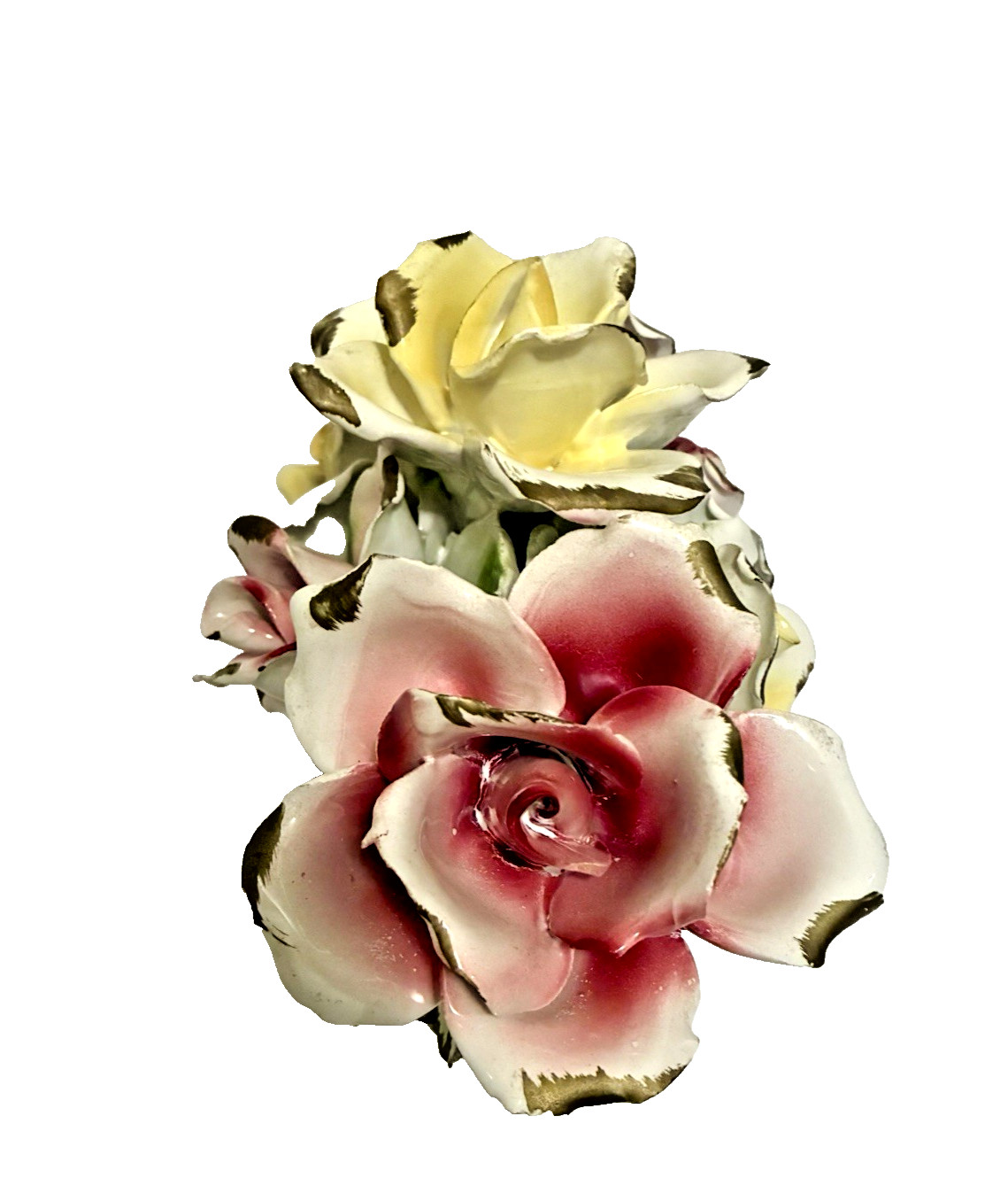 Vintage Capodimonte Italian Porcelain Pink and Yellow Seven Rose Centerpiece