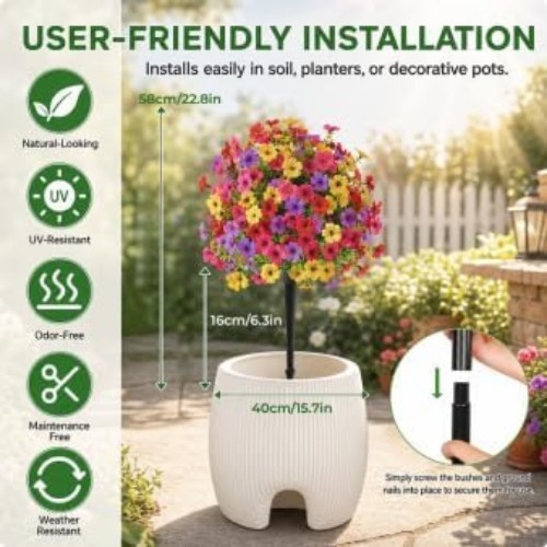 22″ Realistic Artificial Flowers for Outdoors with Ground Stakes – UV Resista…
