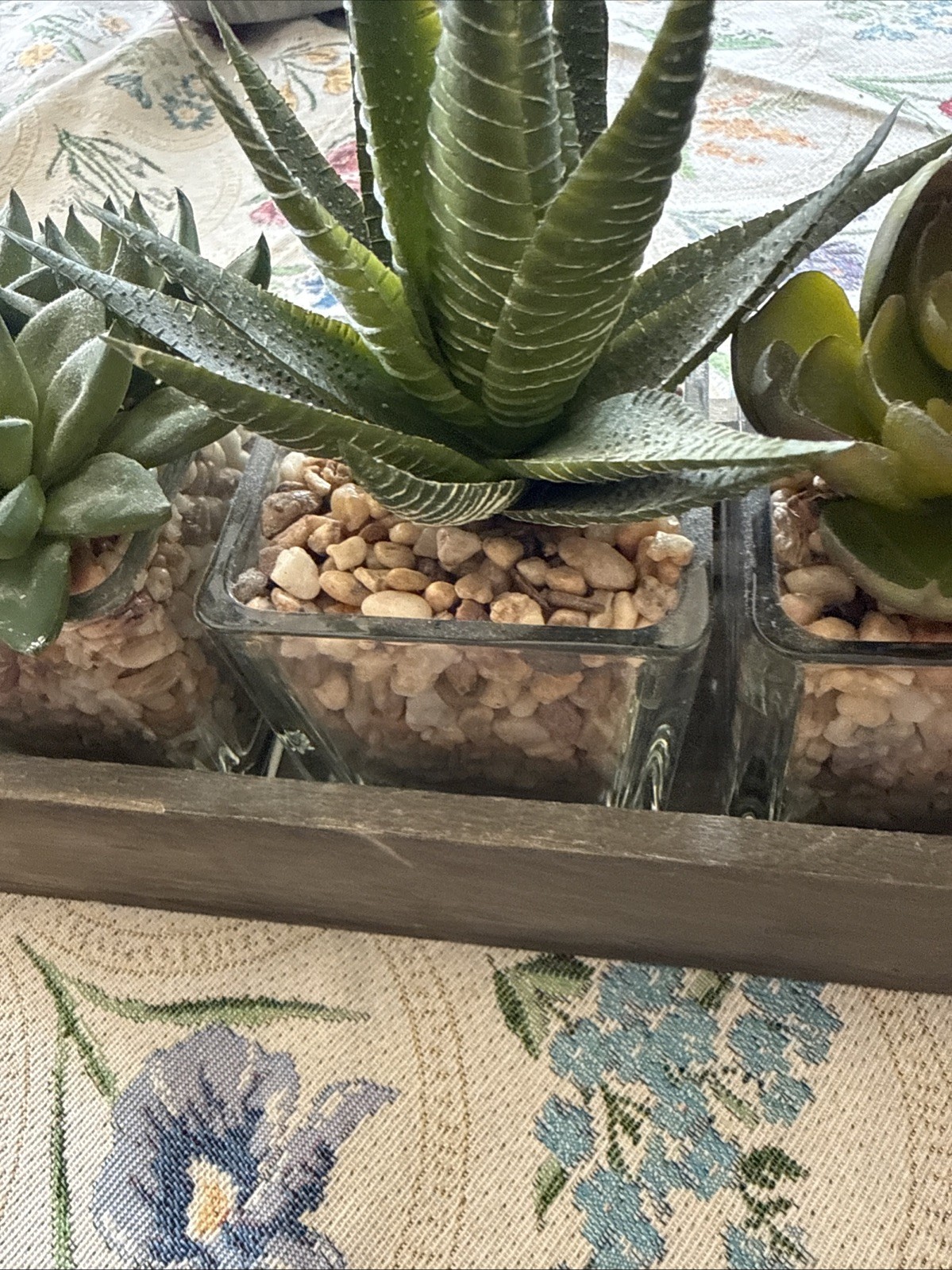 Artificial Succulents In Three Glass Containers Glued In Wooden Box