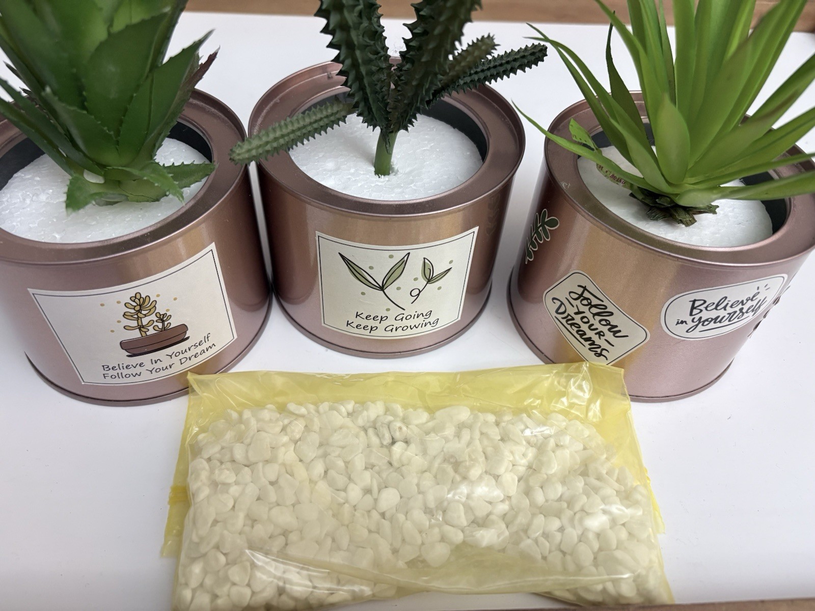 Desk Home Decor Faux Plant with Faux Succulents In Rose Gold Holders Rocks Inclu