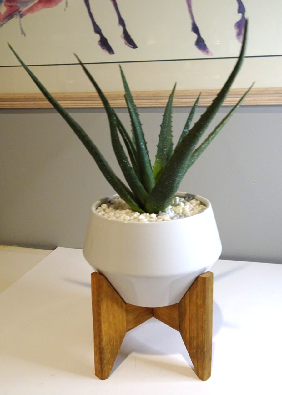 Artificial Fake Aloe Plant with White Ceramic Pot on Wood Stand 19.5 inches tall