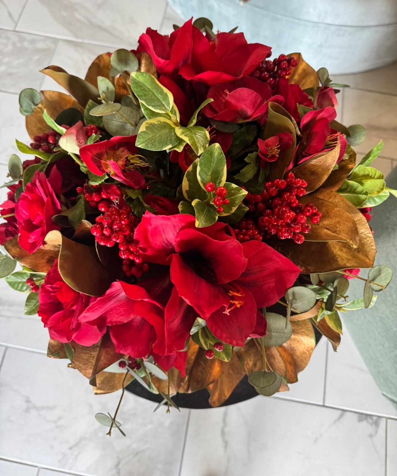 Faux Amaryllis Camellia Floral Arrangement in Planter-Winward Home