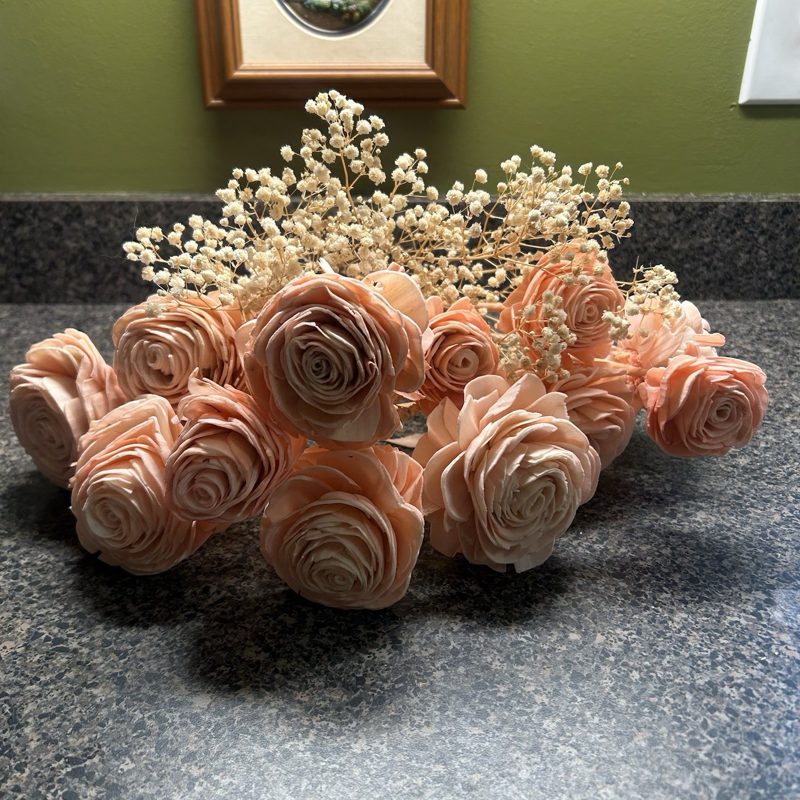 One Dozen Peach Artificial Roses with Baby’s Breath and Wooden Stems