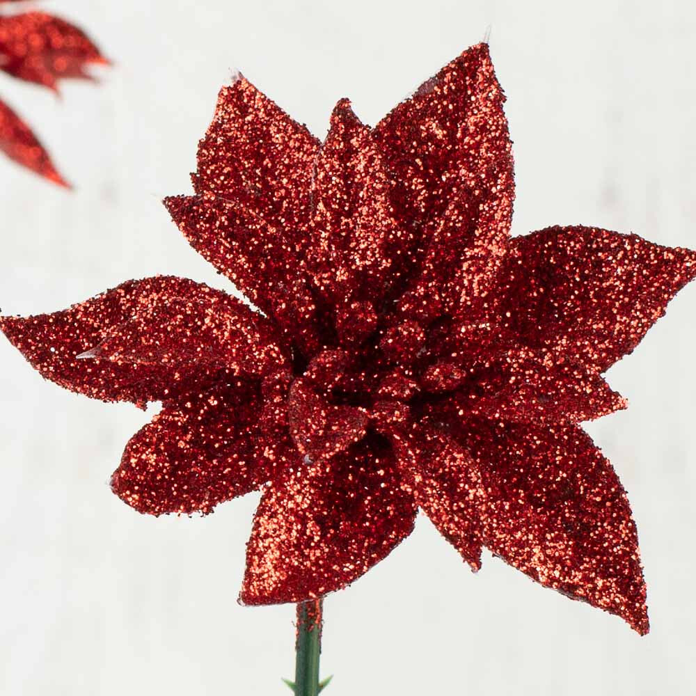 Bulk Lot of 24 Christmas Red Glitter Artificial Poinsettia 6″ Stems