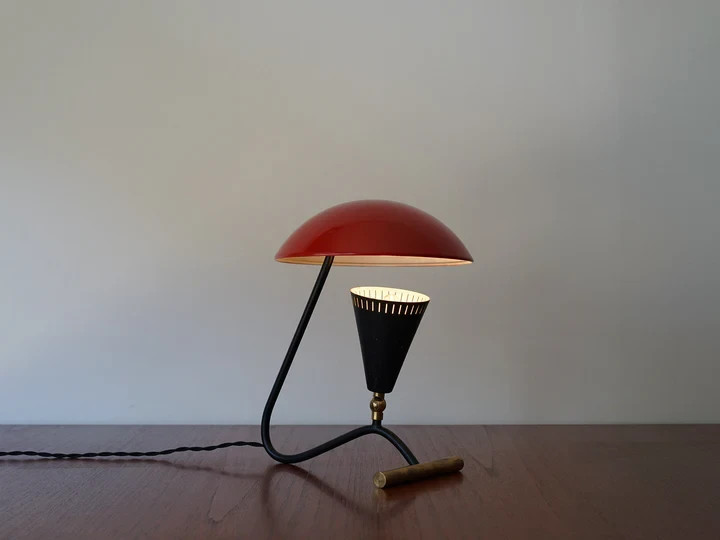 Mid-Century Modern Table Lamp – Red Dome Shade | Italian Style 1950s Des
