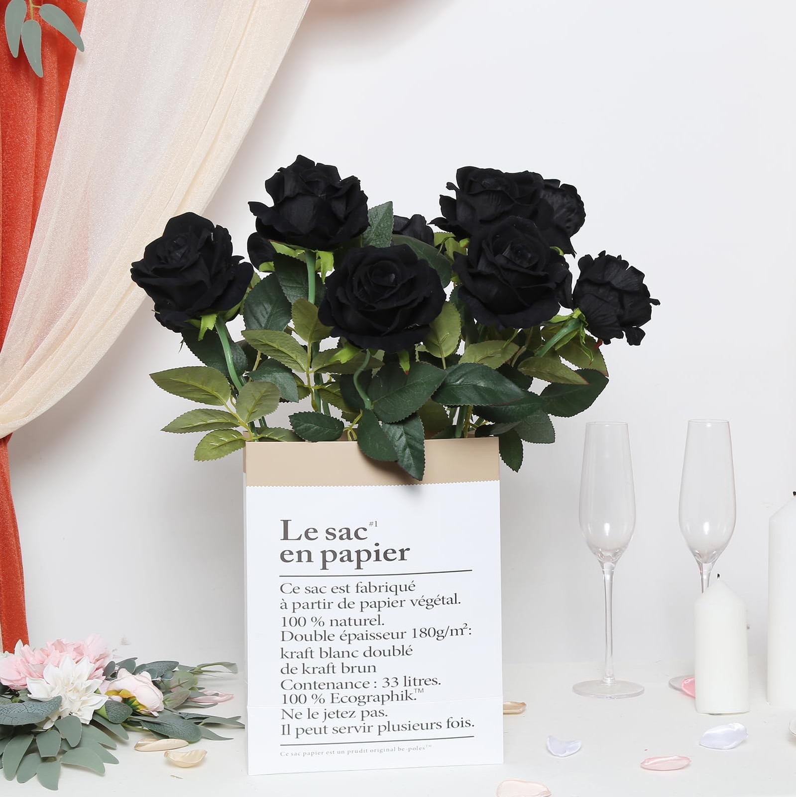 10PCS Black Velvet Roses Artificial Flowers 19.7″ Realistic Silk Faux Flowers…