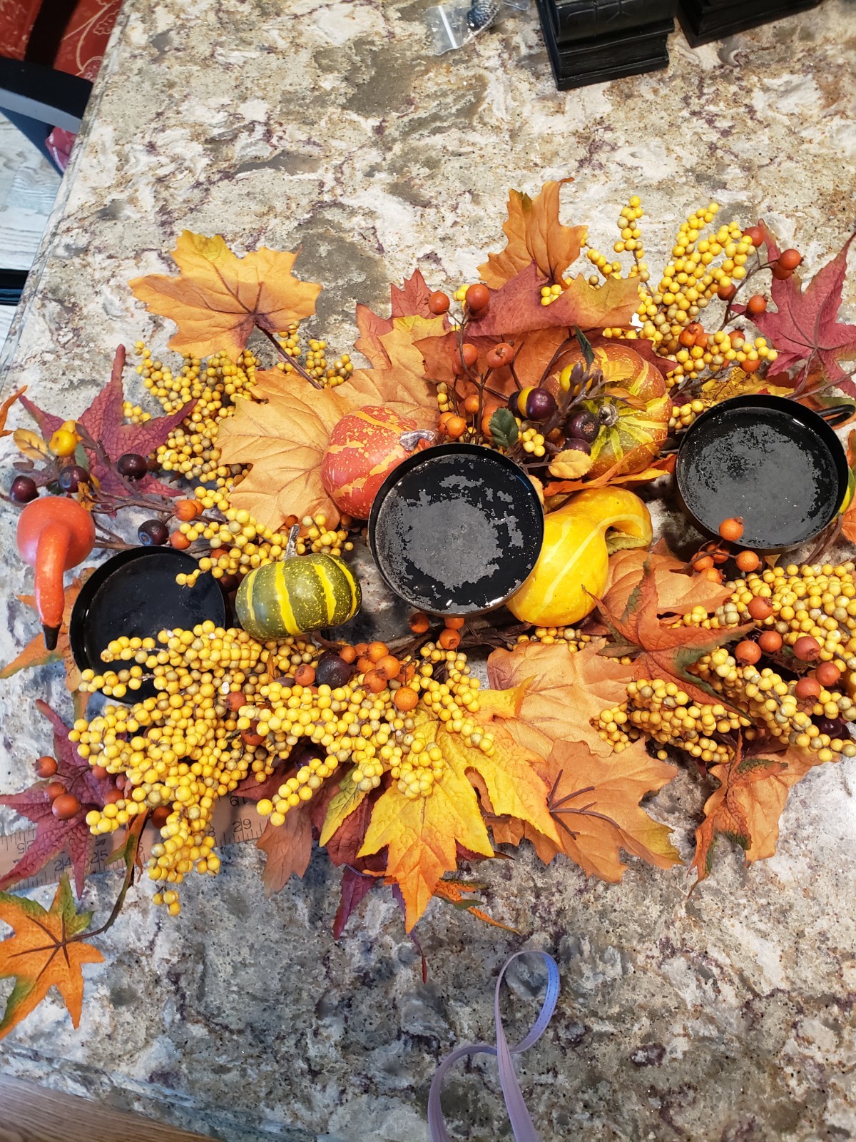 Thanksgiving/Fall Leaves Gourd Centerpiece 3 Candle Holder w/Berries 23”L X 6″H