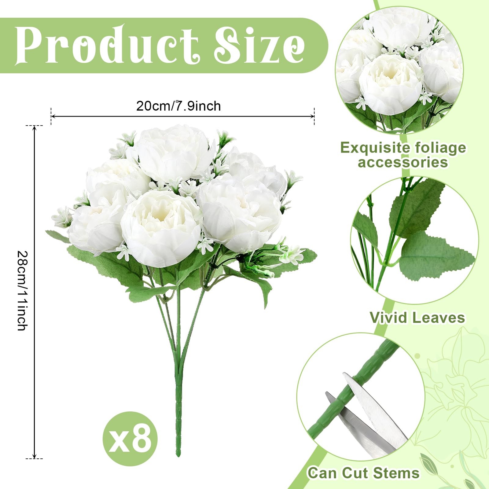 Ovveroche 8 Pack White Peonies Artificial Flowers, Fake Silk Hydrangea Bouque…