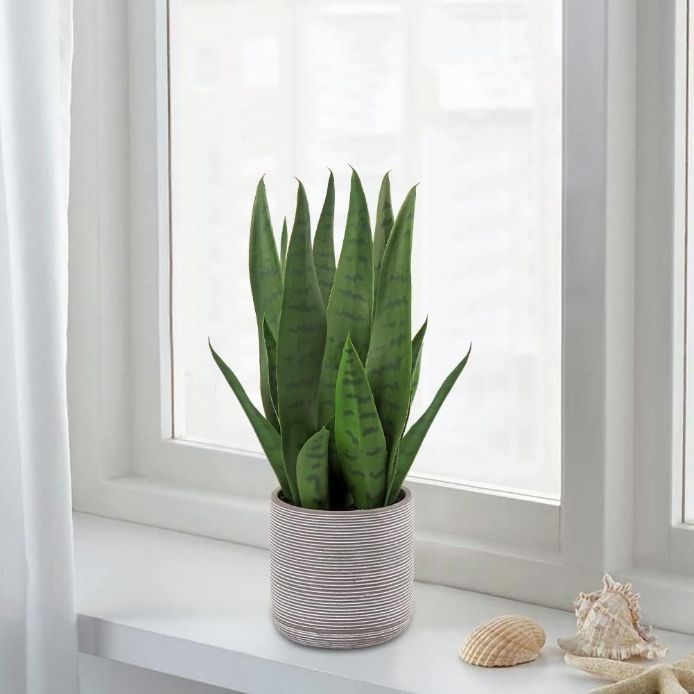 Fake Snake Plant 16″ Faux Potted Plant Artificial Snake Plant with Cement Pot…