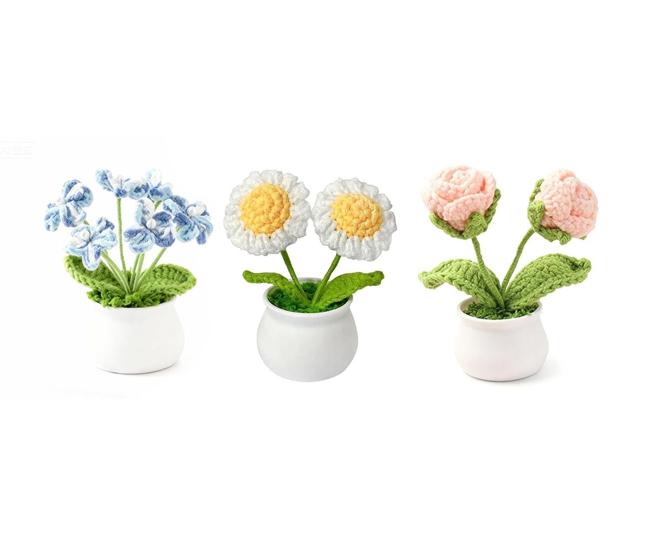 Crochet Flowers Pot Set Daisy Rose Forget Me Not Small Potted 3 PCS Gift