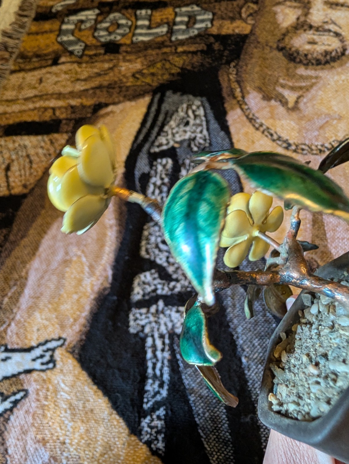 Metal Rose Bush Enameled Yellow Roses And Leaves In Planter With Natural Stone