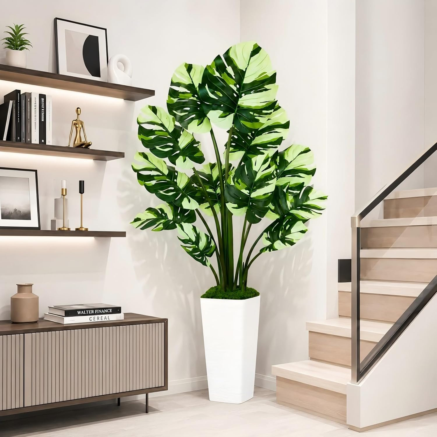 Artificial Monstera Plant, 5FT Tall Fake Tree with Real Touch Big Leaves & White