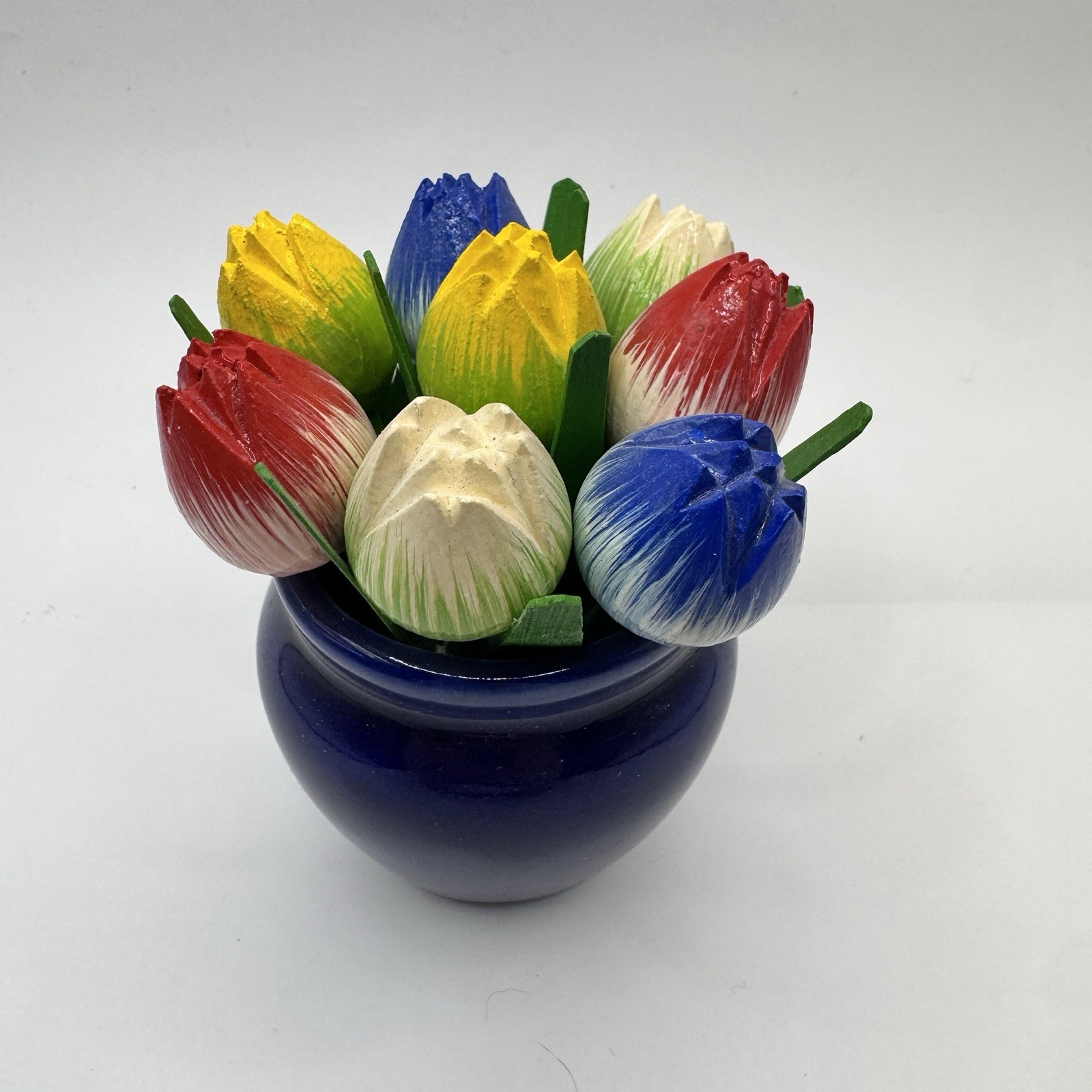 8 Wooden Tulip Flowers In Vase Vtg Mother Day Wedding Handmade Holland Easter