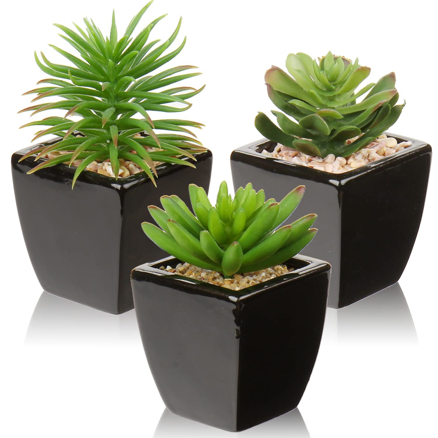 3 Pcs Small Succulents Black Ceramic Pots Faux Plants Modern Office Desk