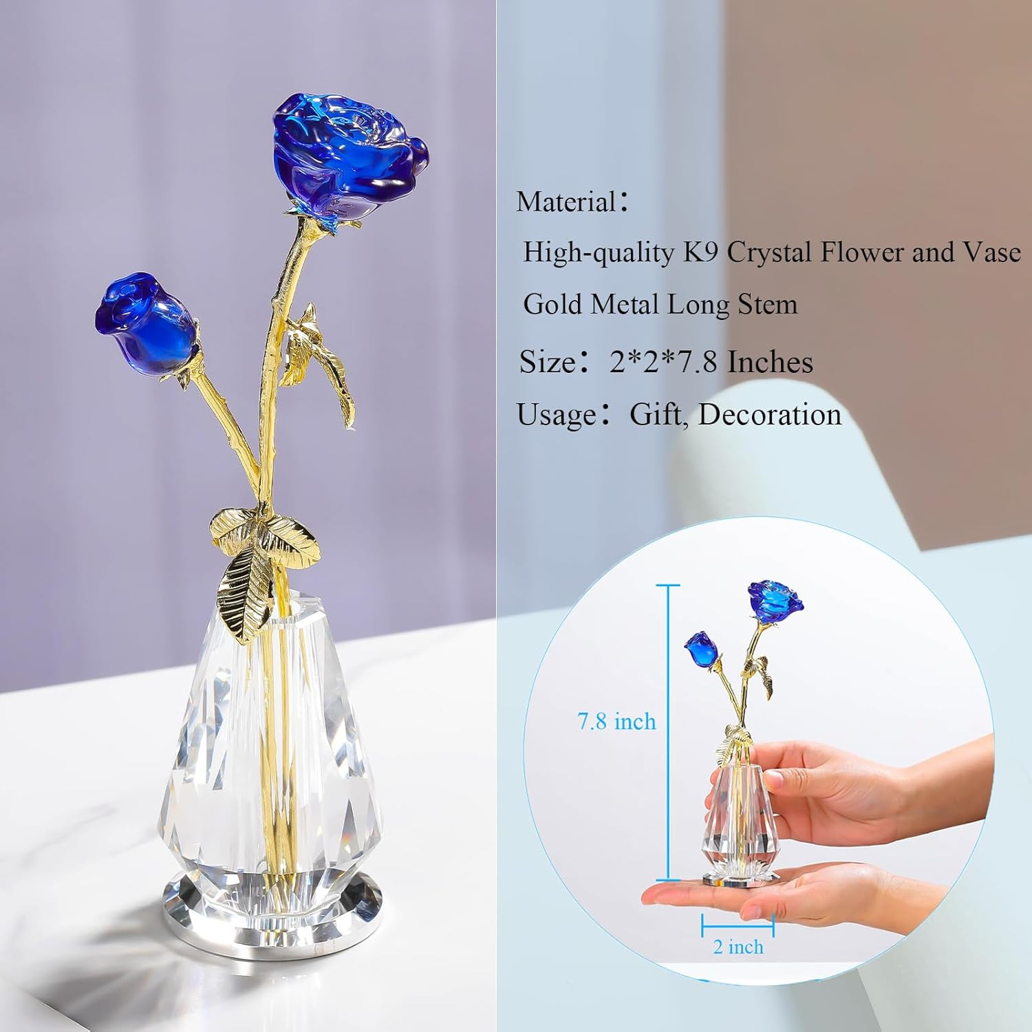 Crystal Rose Flowers Figurines Home Decor, Blue Glass Flowers with Stems, Collec