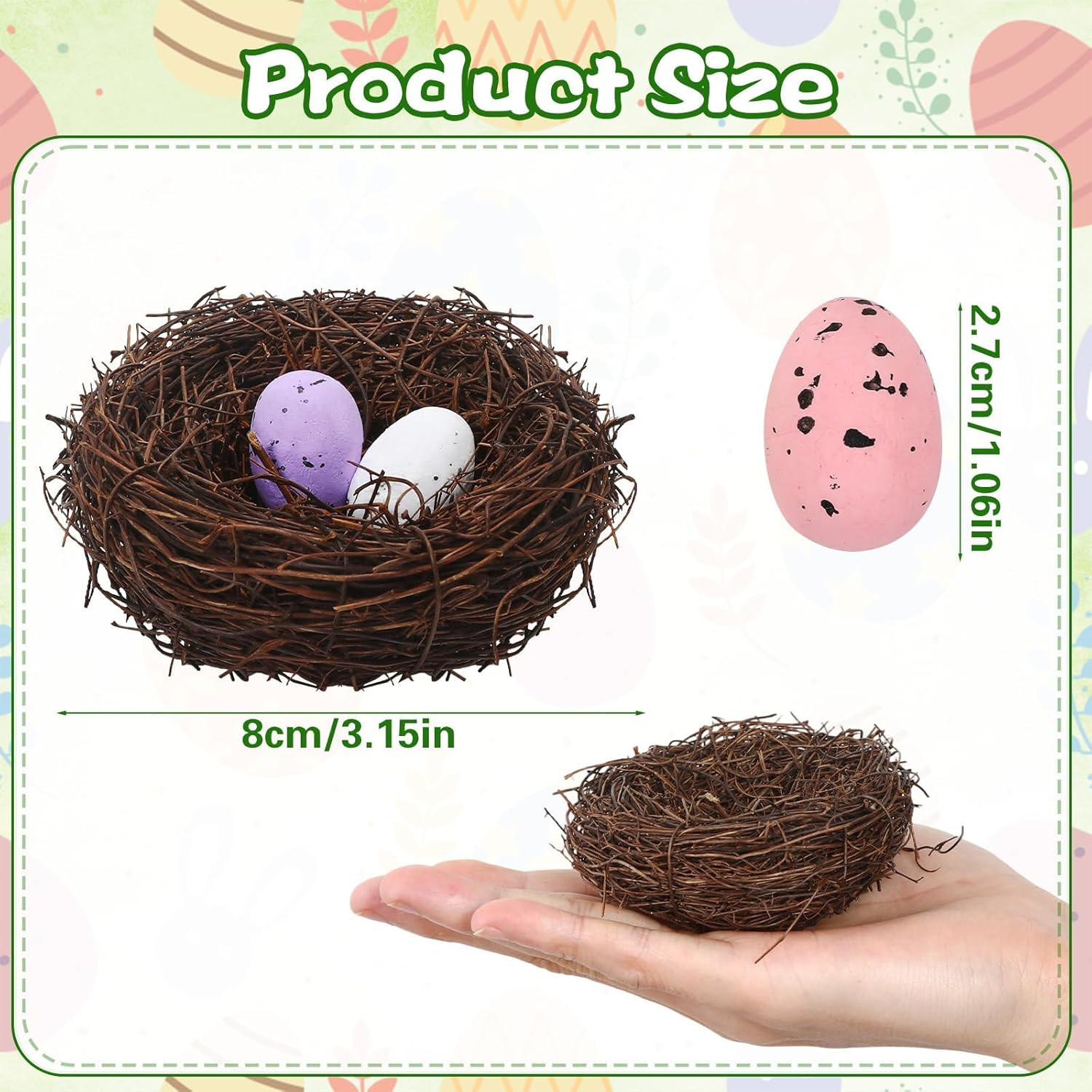 Easter Artificial Bird Nest with Eggs for Crafts, 6Pcs Artificial Rattan Birds N