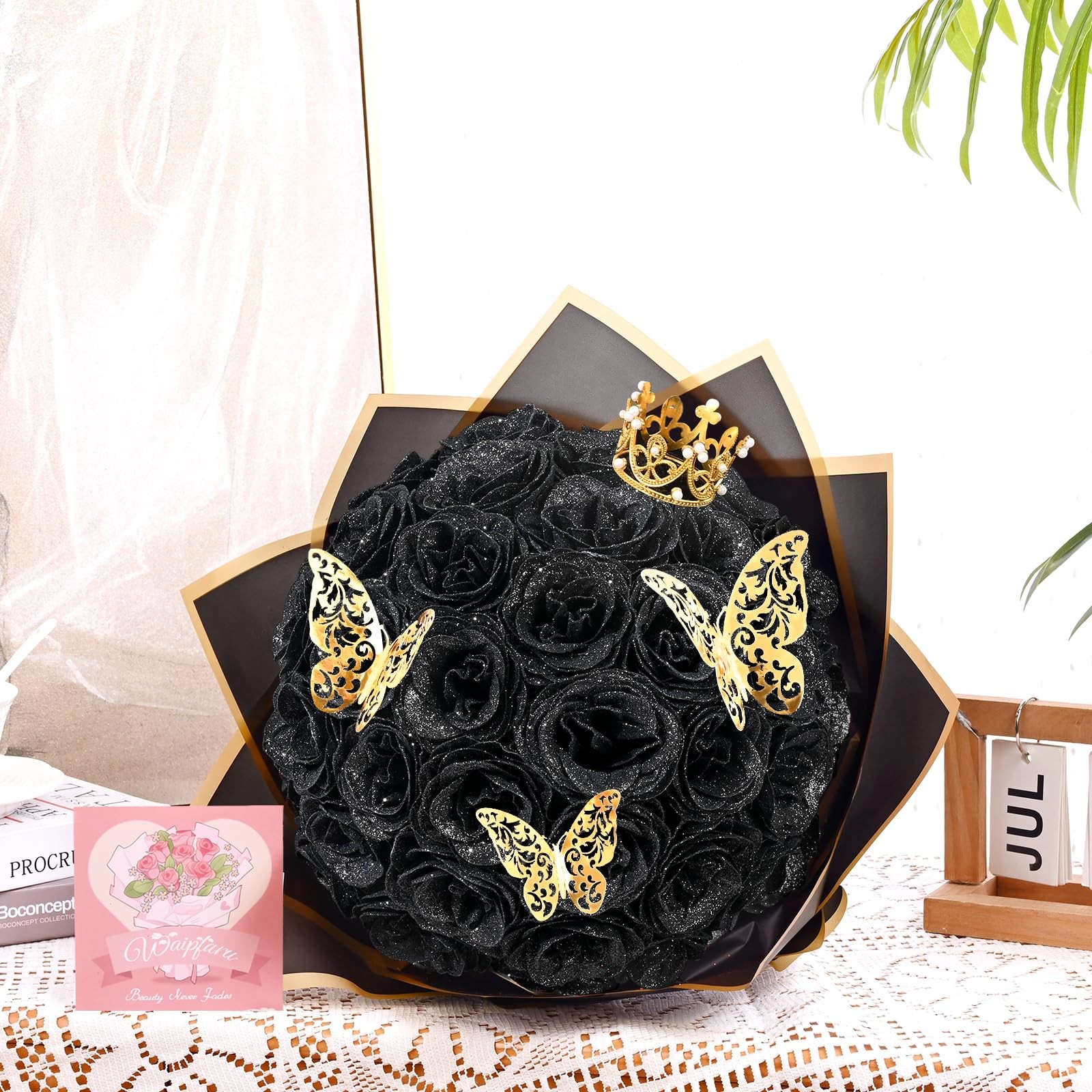 Black Glitter Roses Bouquet, DIY Fake Flowers Bouquet, Everlasting Shiny Arti…