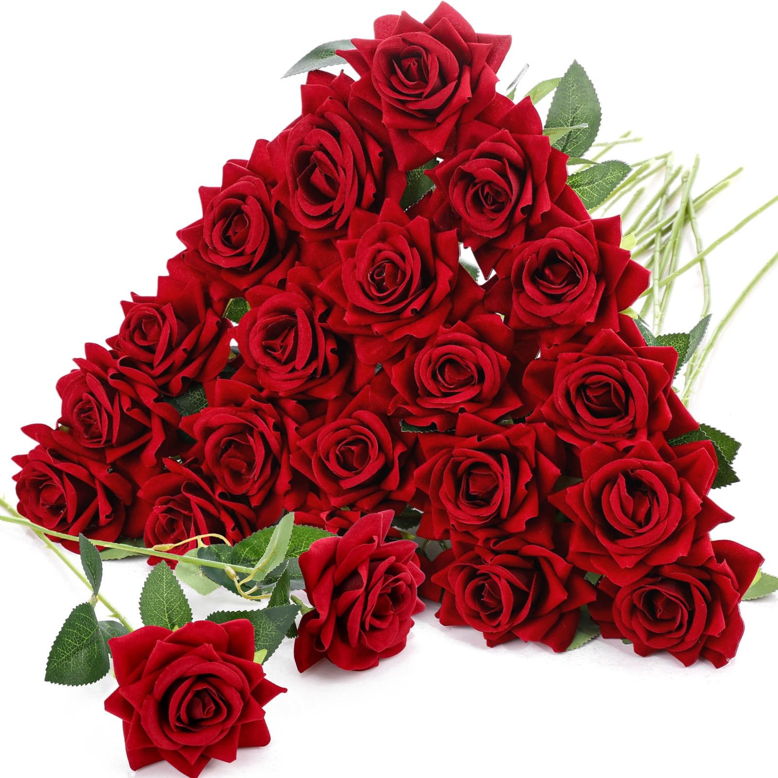20 PCS Red Roses Artificial Velvet Flowers Fake Silk Rose Faux Floral Bouquet