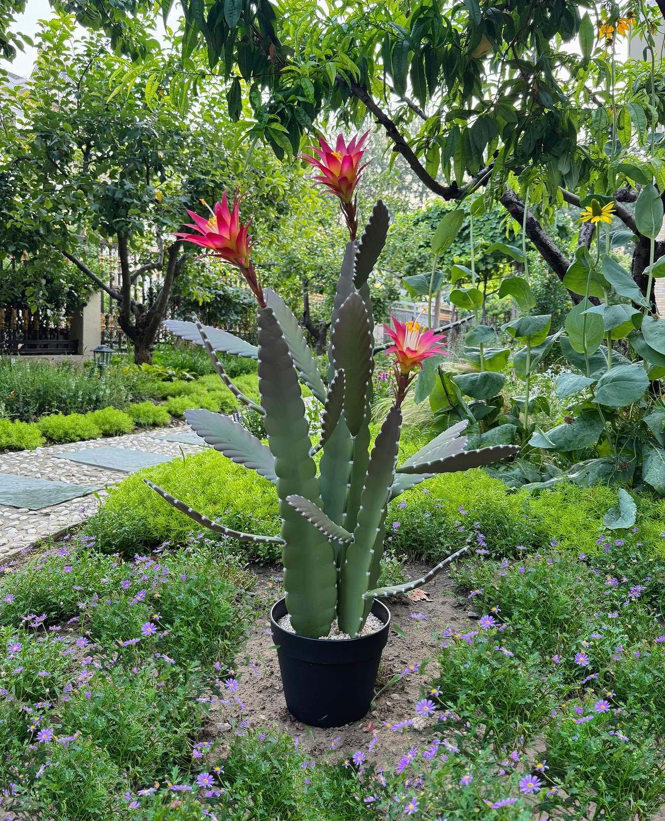 33 Inch Large Artificial Cactus with Magenta Flowers in Pot with Natural Grav…