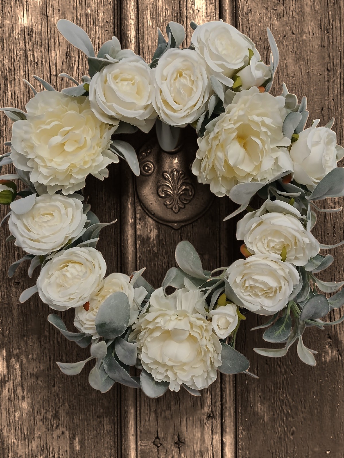 Gorgeous English White Roses & Sage Door Wreath 17″ Flower Elegant Summer Spring