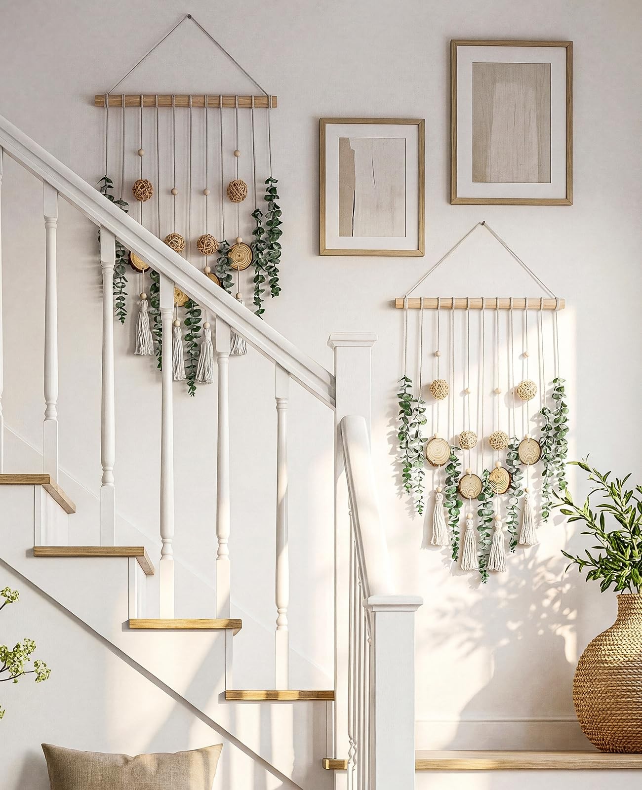 Artificial Eucalyptus Wall Hanging, Fake Greenery Leaves Stems with Wicker Ba…
