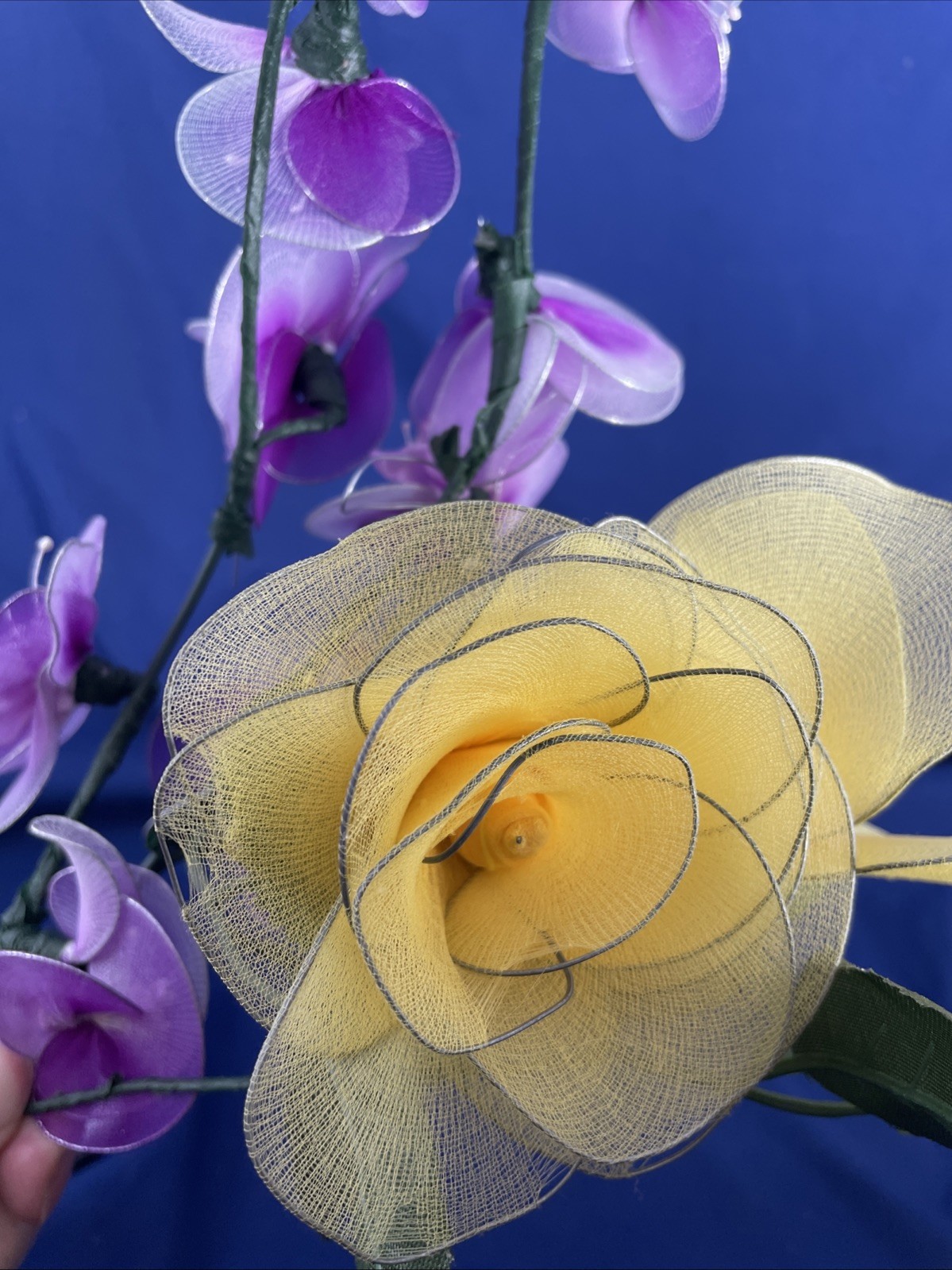 Yellow Roses & Blue Orchids Handcrafted Nylon Flower Bouquet
