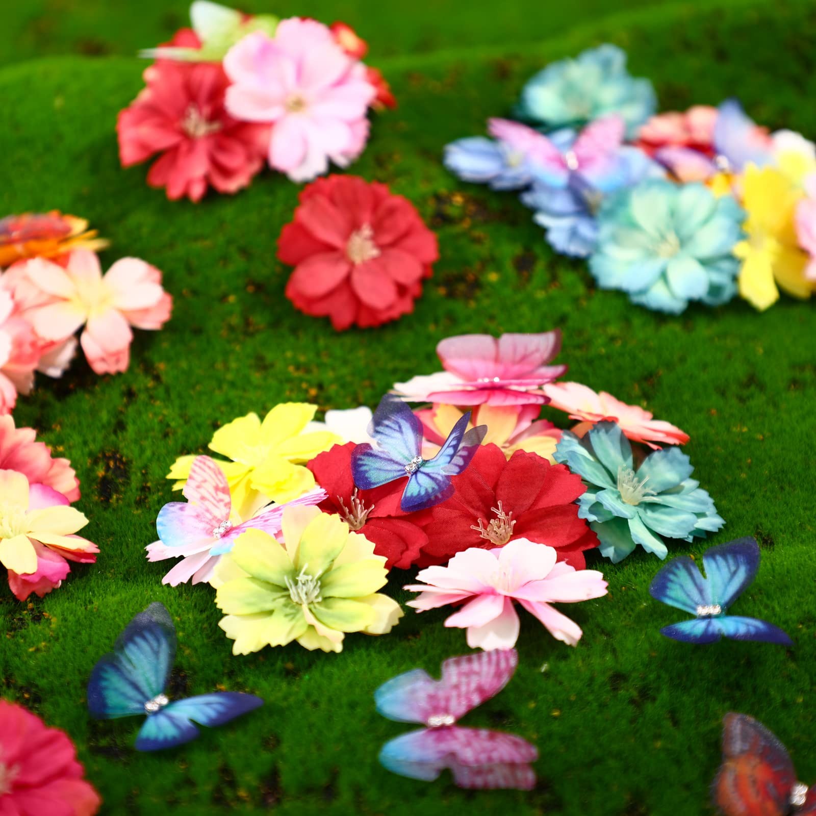 100 Pcs Faux Floral Head Organza Butterfly Set for Craft 50 3D Small Ribbon F…