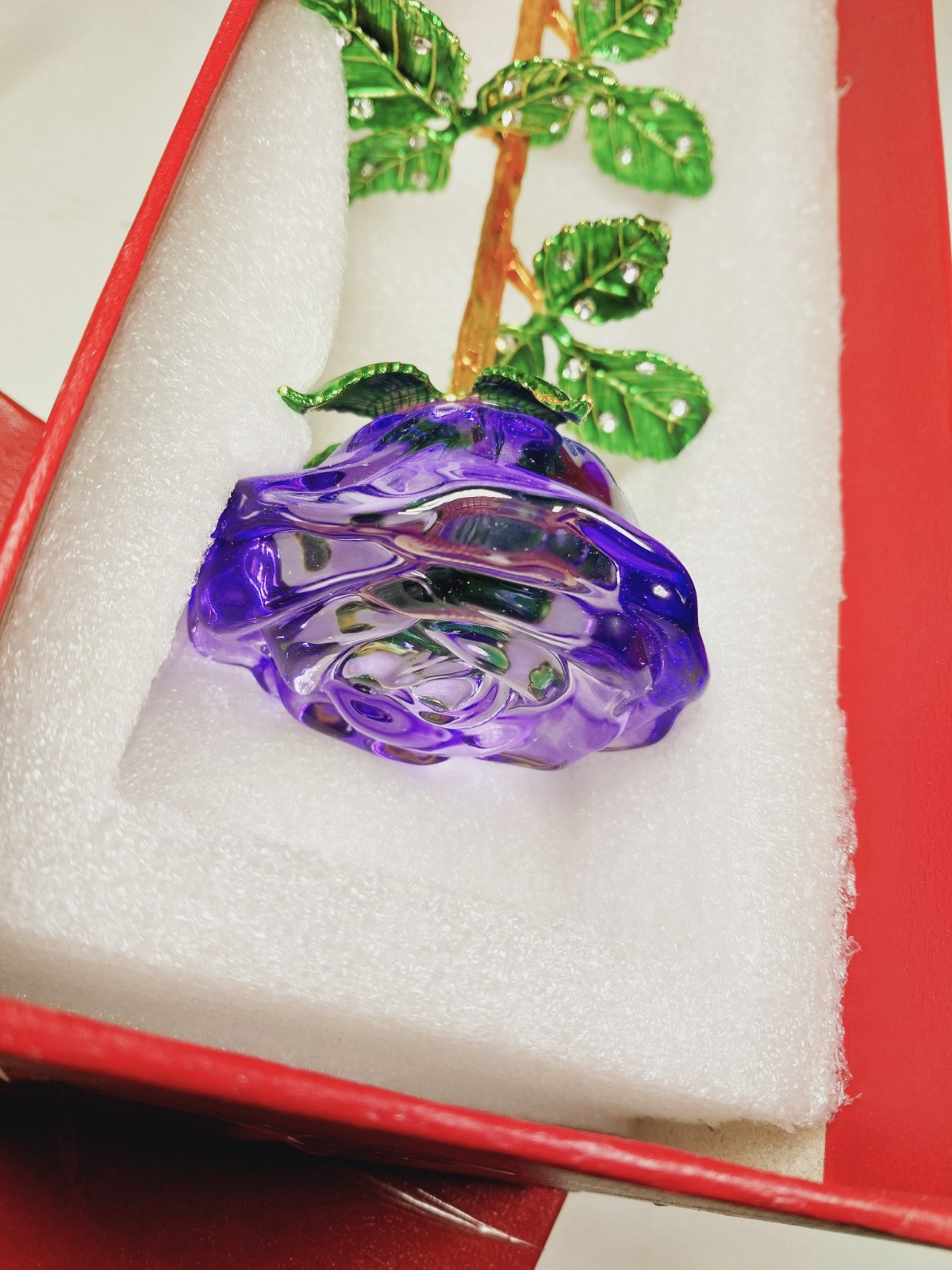 Long Stemmed Purple Rose Figurine Glass Crystal Mothers Easter Event Bling 9.5″