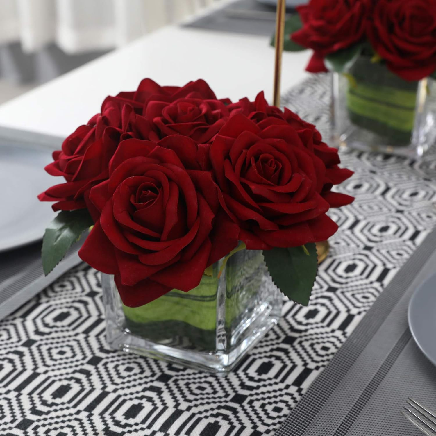 Artificial Velvet Rose Flower Centerpiece Arrangement in Vase for Home Wedding D