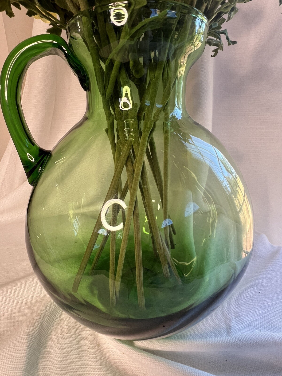 Large Custom Floral Arrangement Realistic Yellow Ranunculus In Green Glass Jug