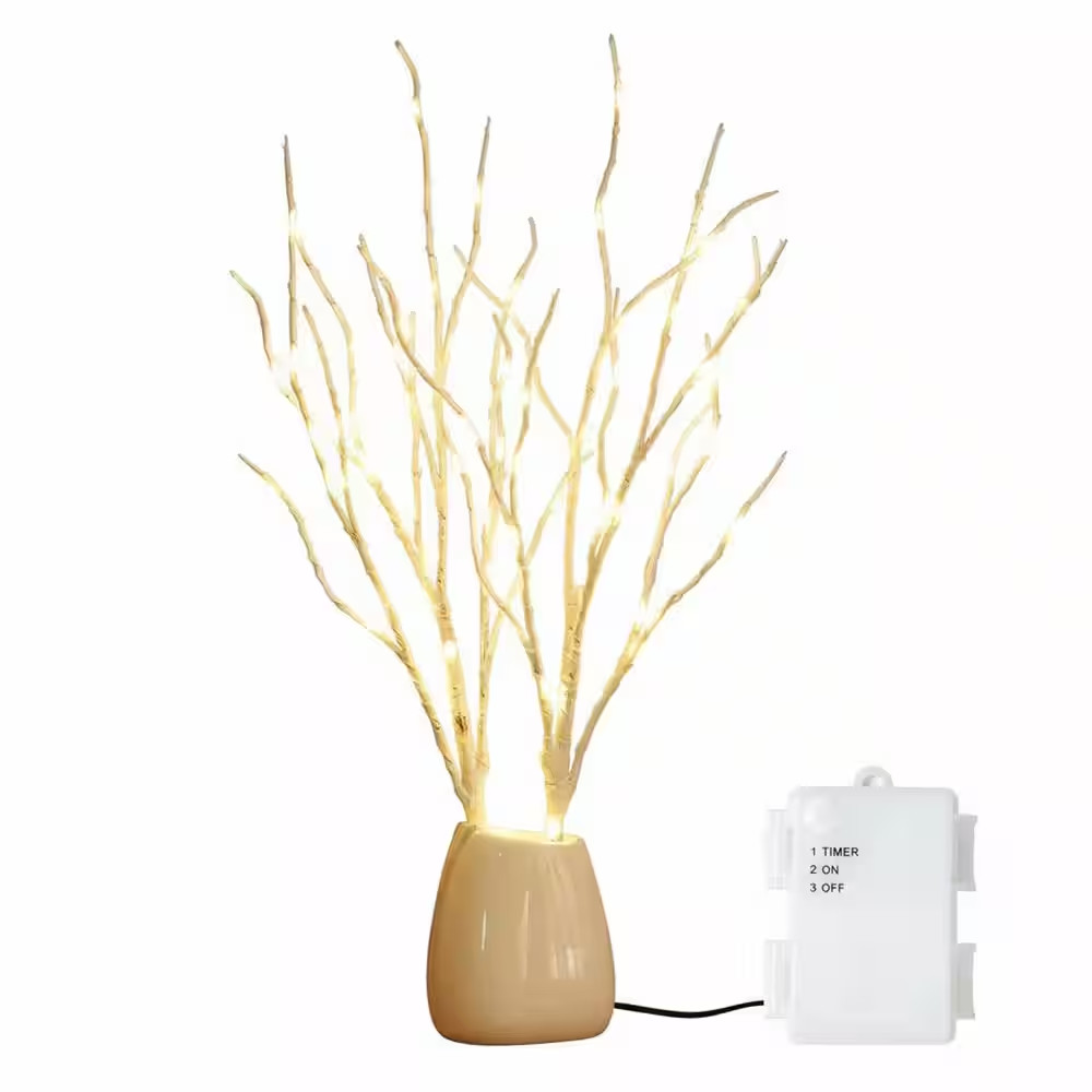 18 In. White Artificial Willow Foliage Lighted Birch Branches with 70 LED Timer