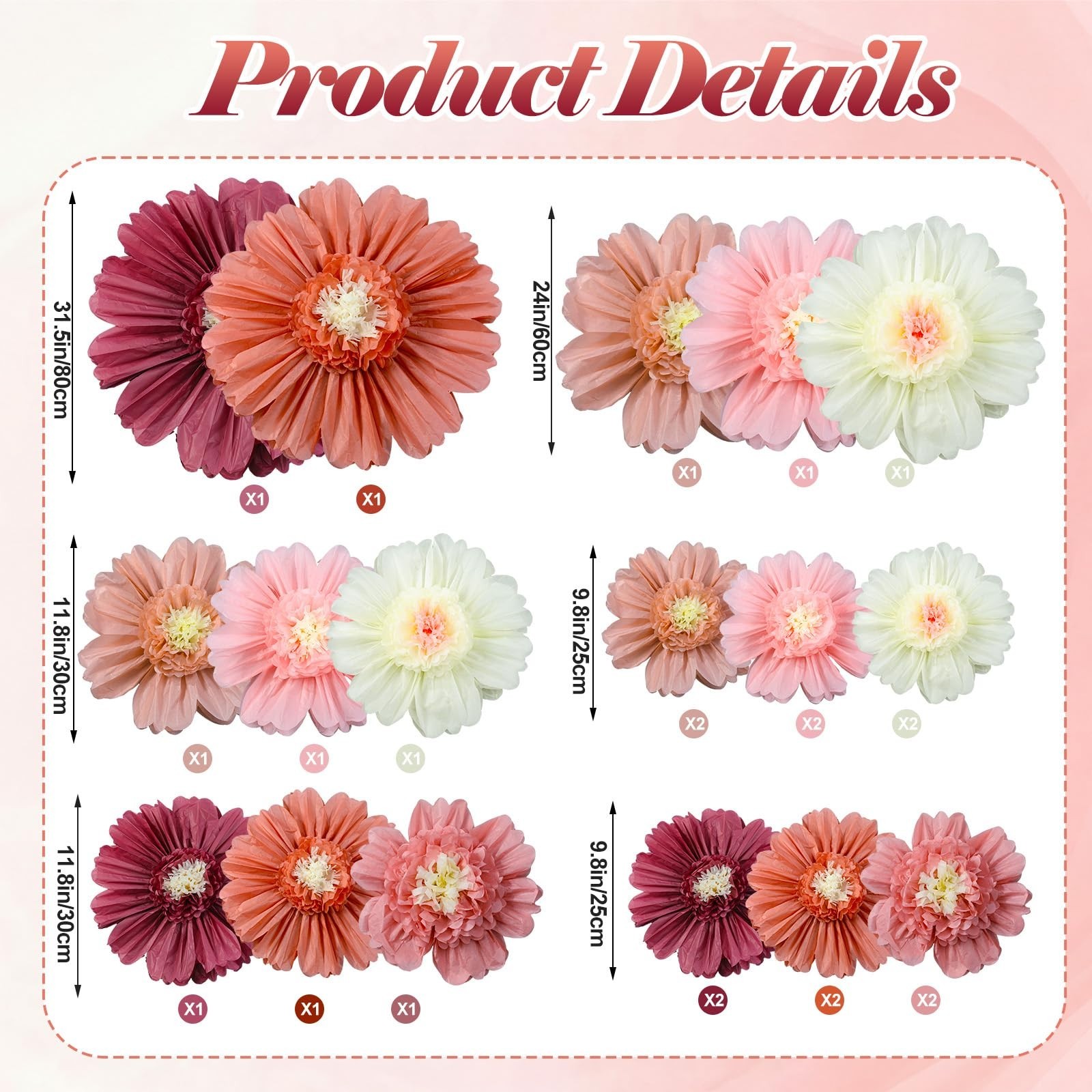 20 Pcs Pink Giant Paper Flowers – Boho Tissue Pom Poms for Wedding, Party Decor