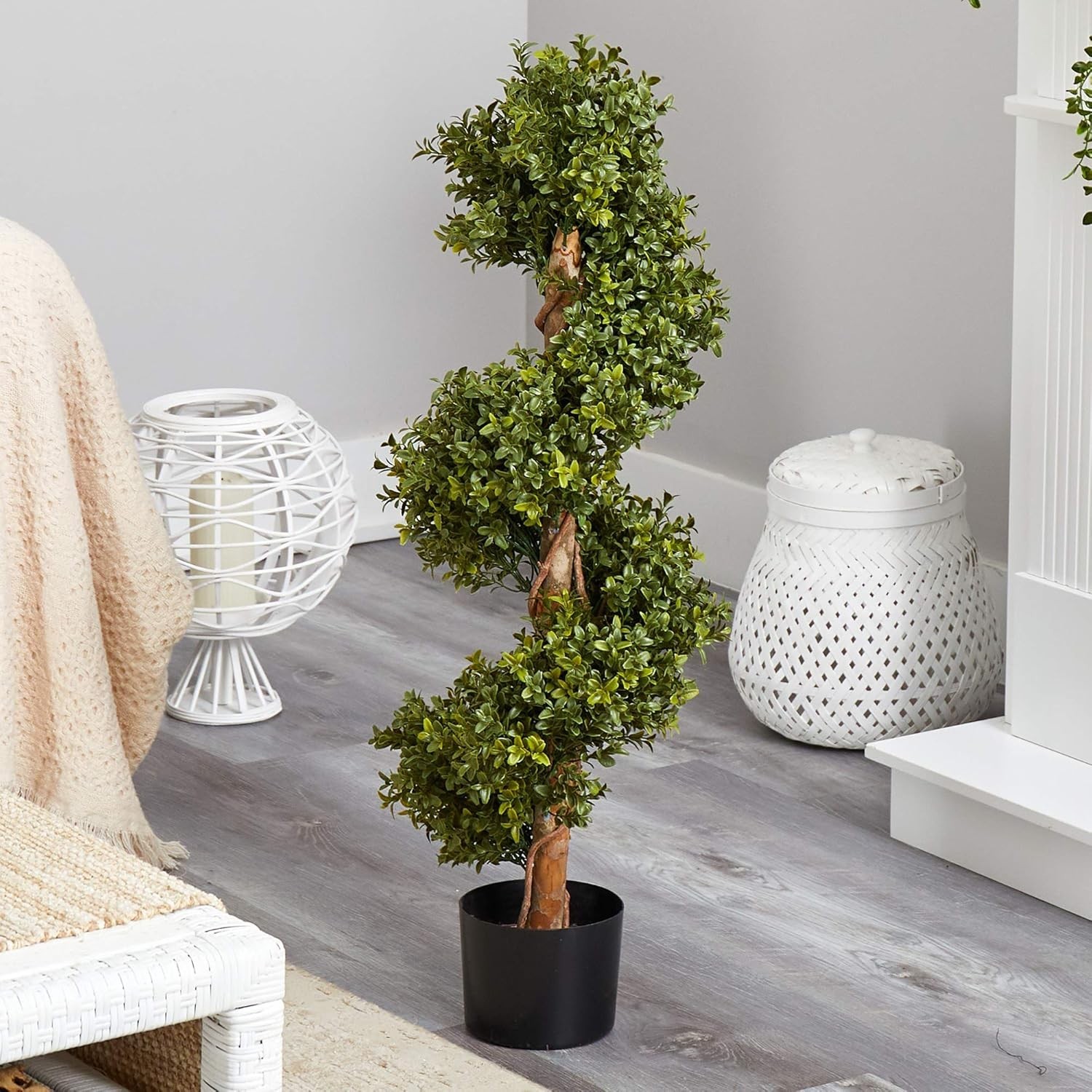 33in. Artificial Boxwood Spiral Topiary, Faux Greenery with Black Planter, In…