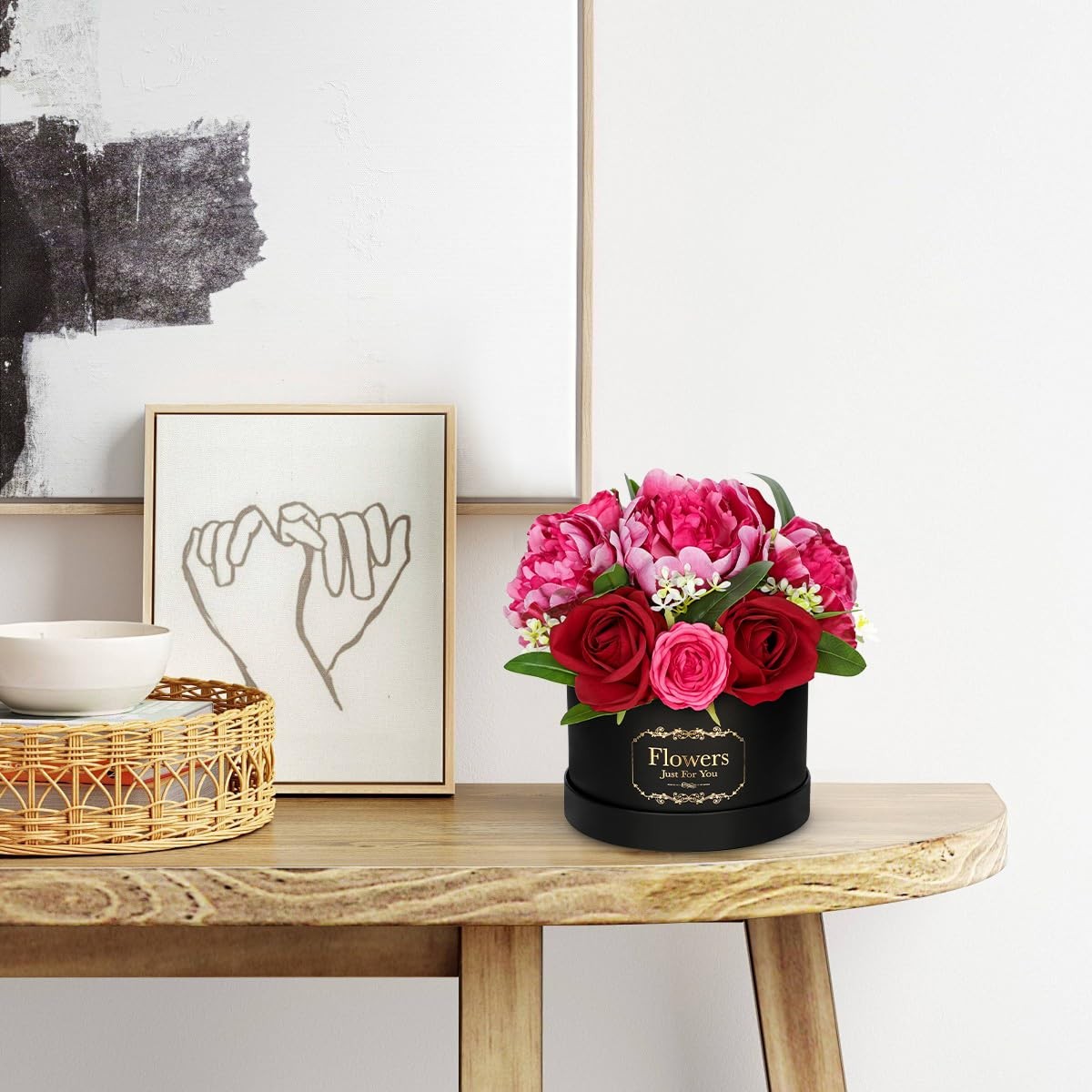 Red Artificial Peonies Roses in Vase Round Gift Box with Fake Flowers