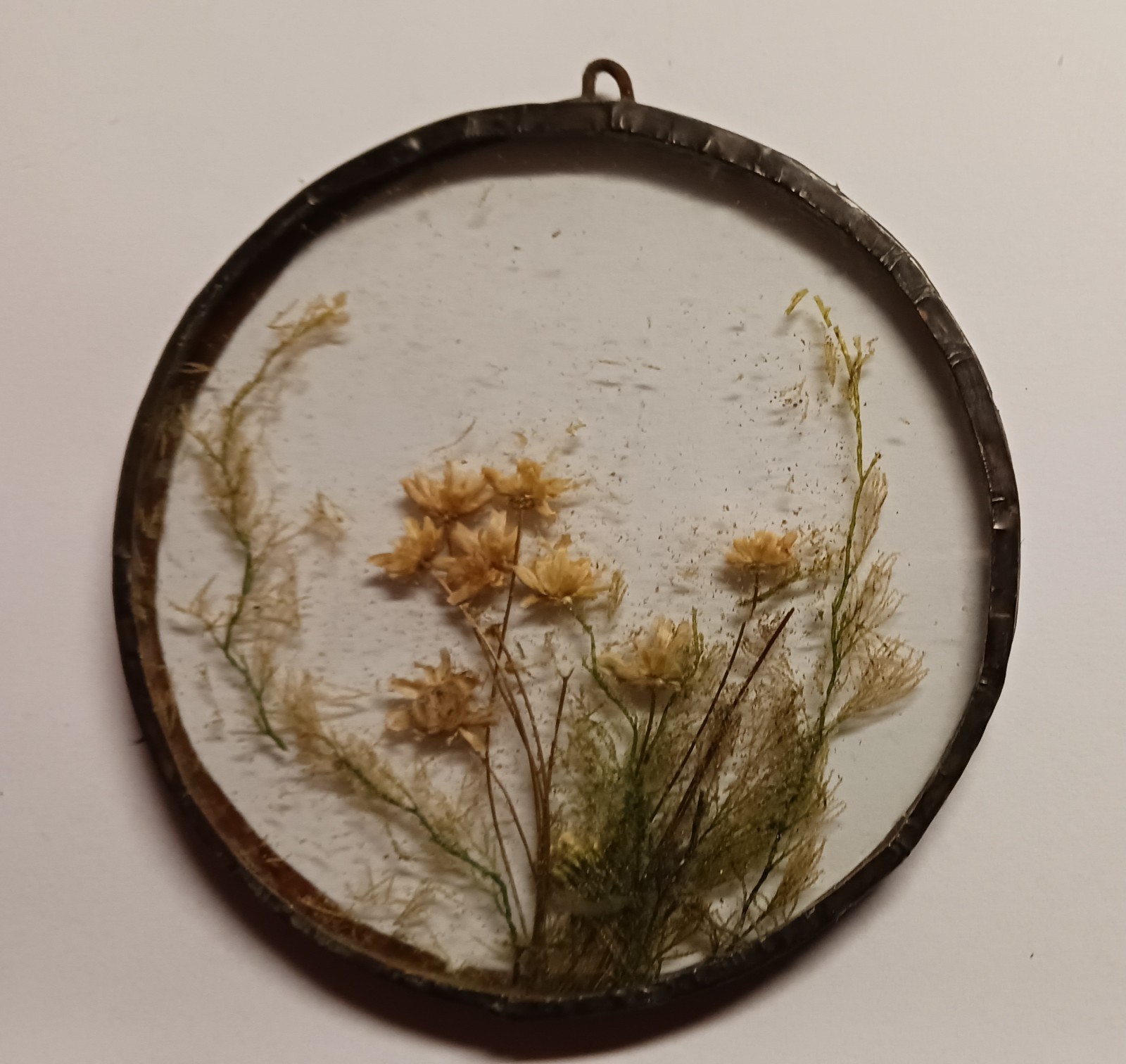 Trio of Vintage Pressed Sun Catcher Decorations with handmade lead frame/hanger