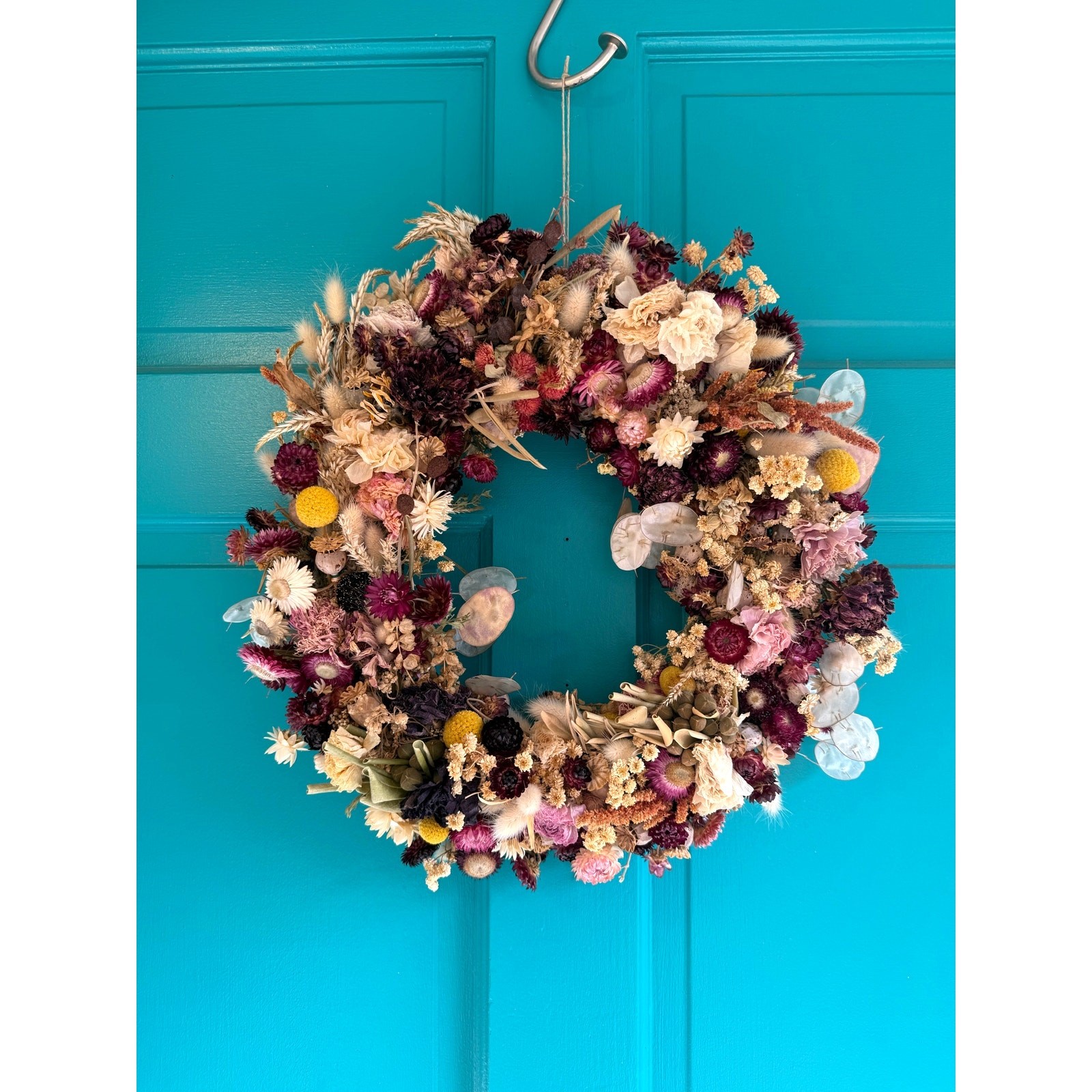 Organic Dried Floral Wreath 15″ Ranunculus, Dahlia, Seed Pods, Handmade Crafty