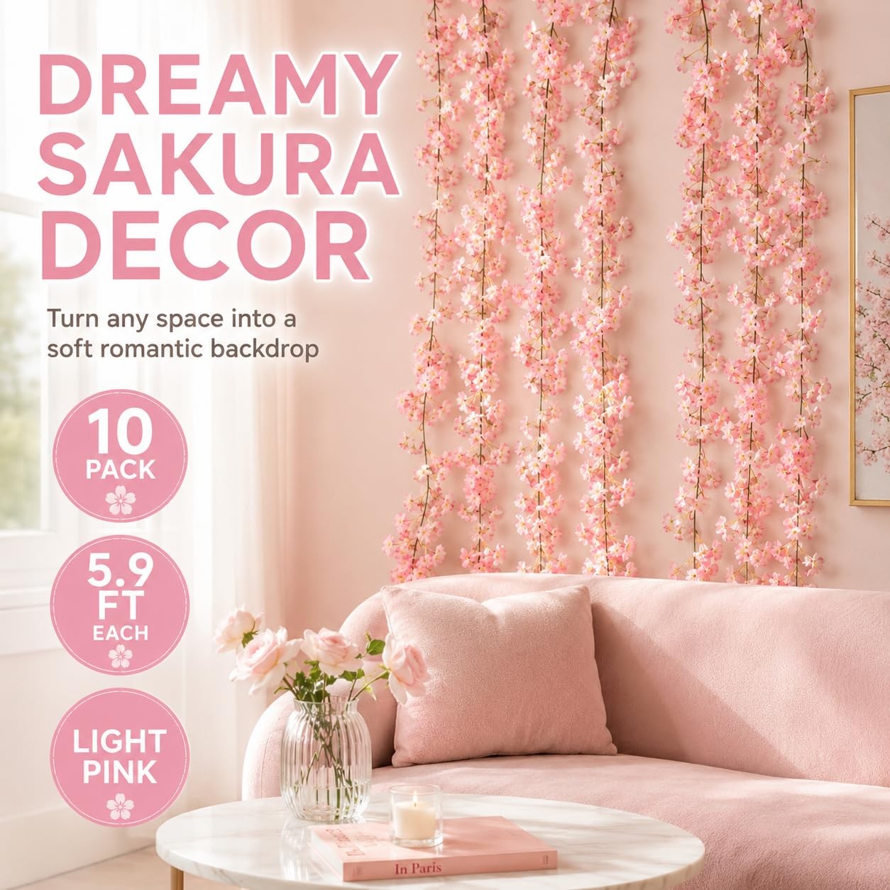 10 Pack /70 inch/5.9FT Artificial Cherry Blossom Hanging Vines Silk Flower Sa…