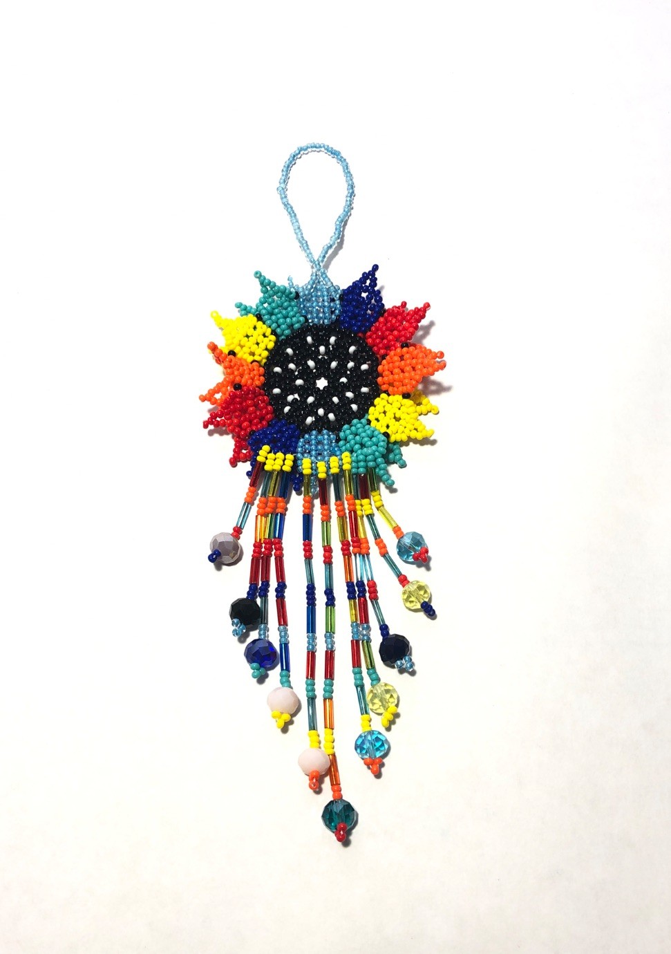Hand Made Beaded Colorful Mexican Sunflower 5” Seed Bead Dangle Charm Ornament.