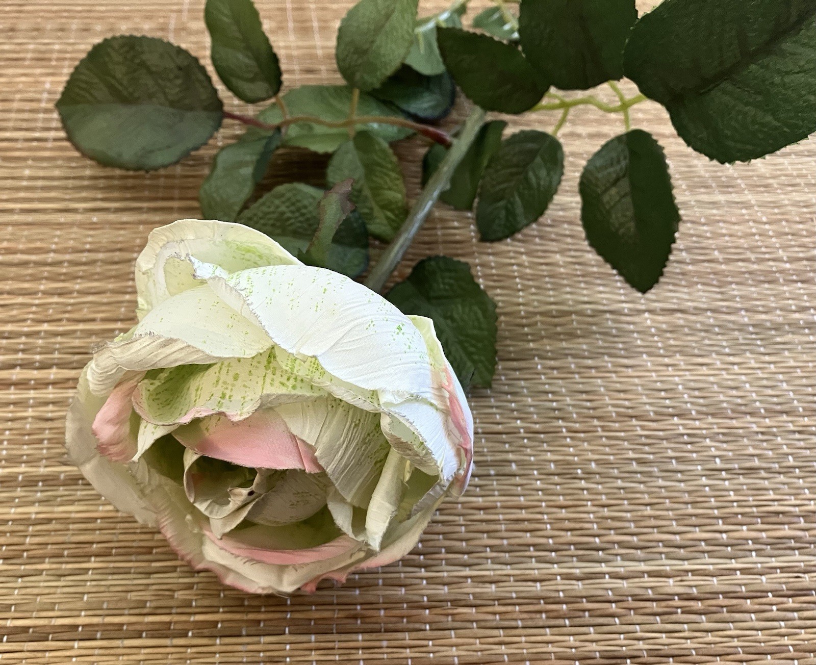 Vintage French 90’s Artificial Pale Green & Pink ROSE Flower w/ Leaves Long Stem