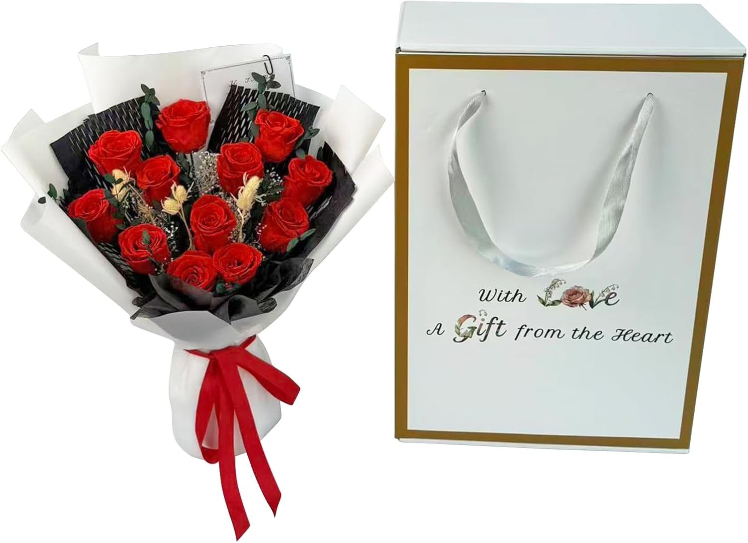 Long Lasting Preserved Roses 12 Red Flowers with Eucalyptus and Gypsophila