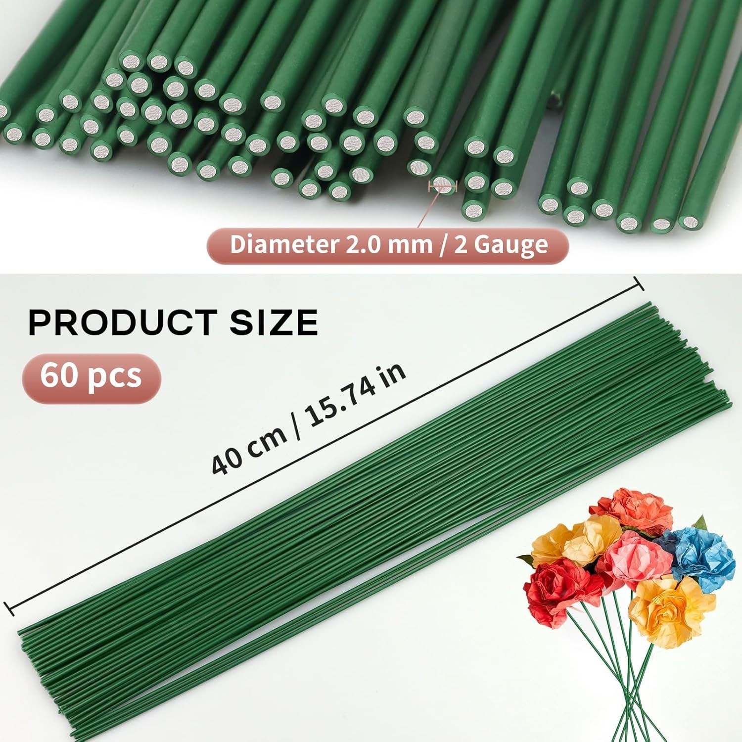 Floral Wire Stems, 60 Pack Flower Stems, 2 Gauge Green Floral Stem Wire for P…