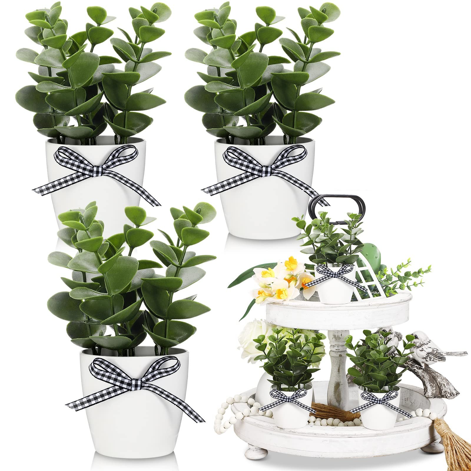 Farmhouse Tiered Tray Decor Mini Potted Eucalyptus Decor Plant Decor Items fo…