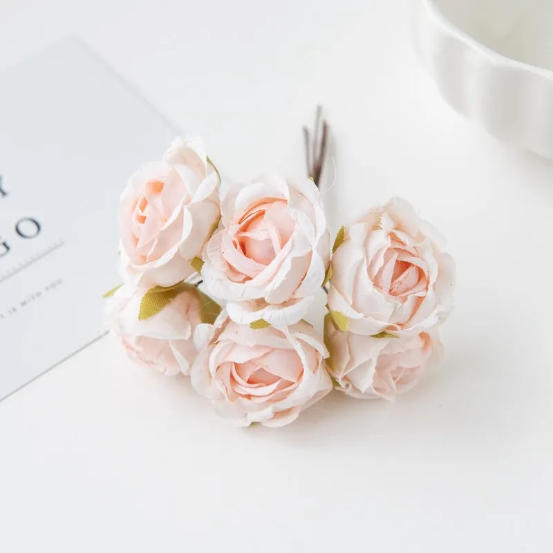 6Pcs Artificial Silk Tea Rose Mini Bouquet for Wedding Christmas Diy Home Decor