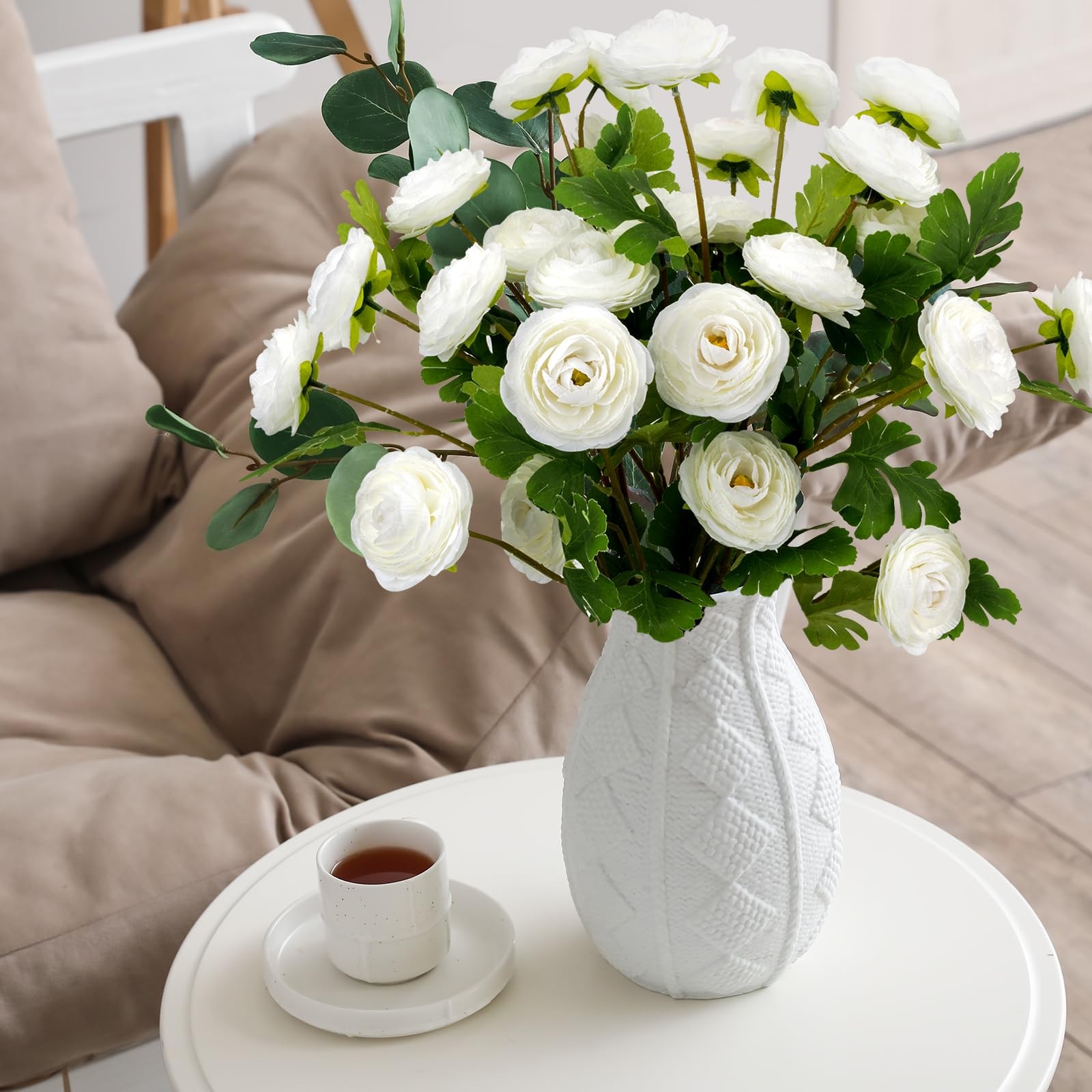 6 Pcs 27.5 Inch Ranunculus Artificial Flowers 18 Head White Faux Silk Decor