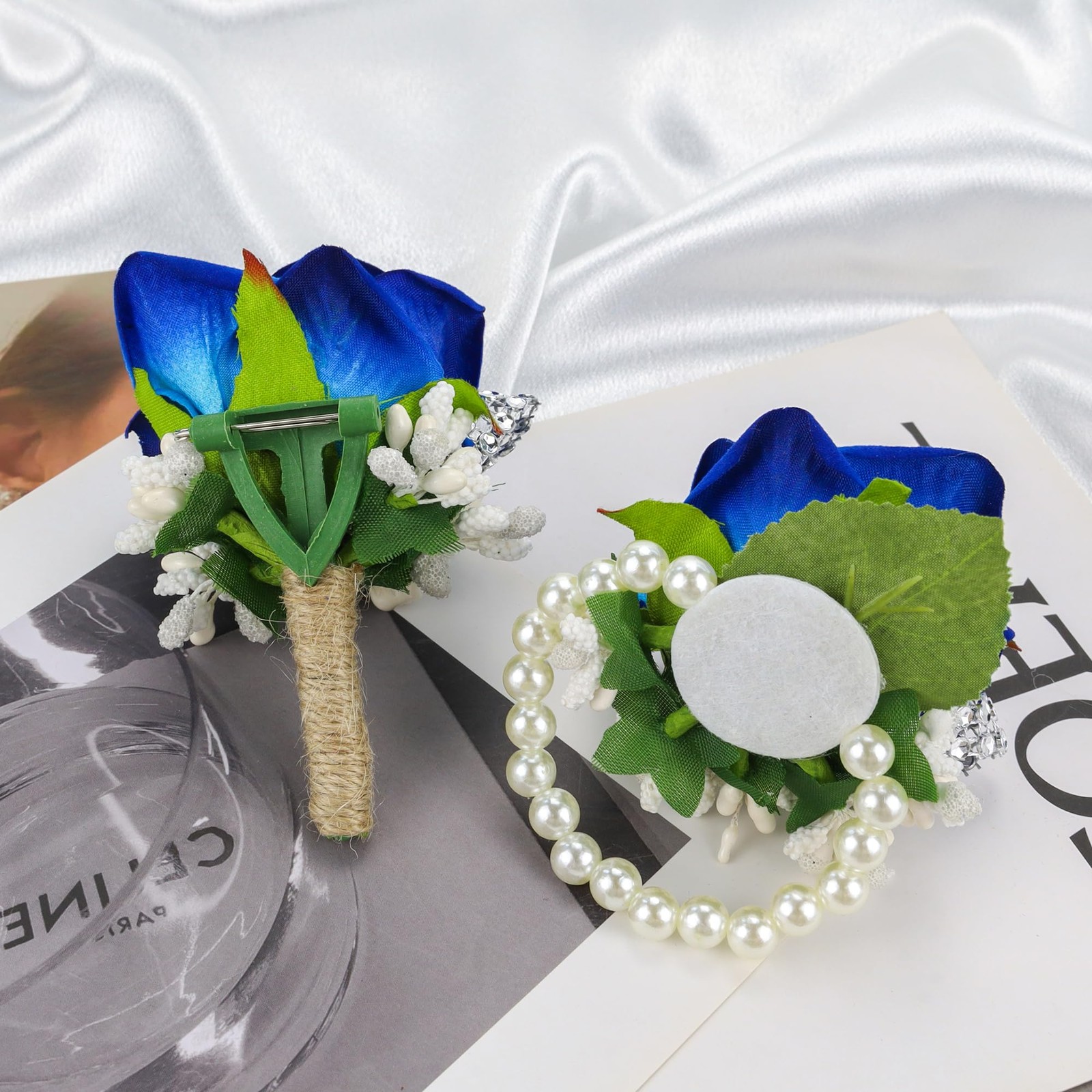 2 PCS Blue Corsage Boutonniere Set Wristlet Prom Decor Men Wedding Flowers