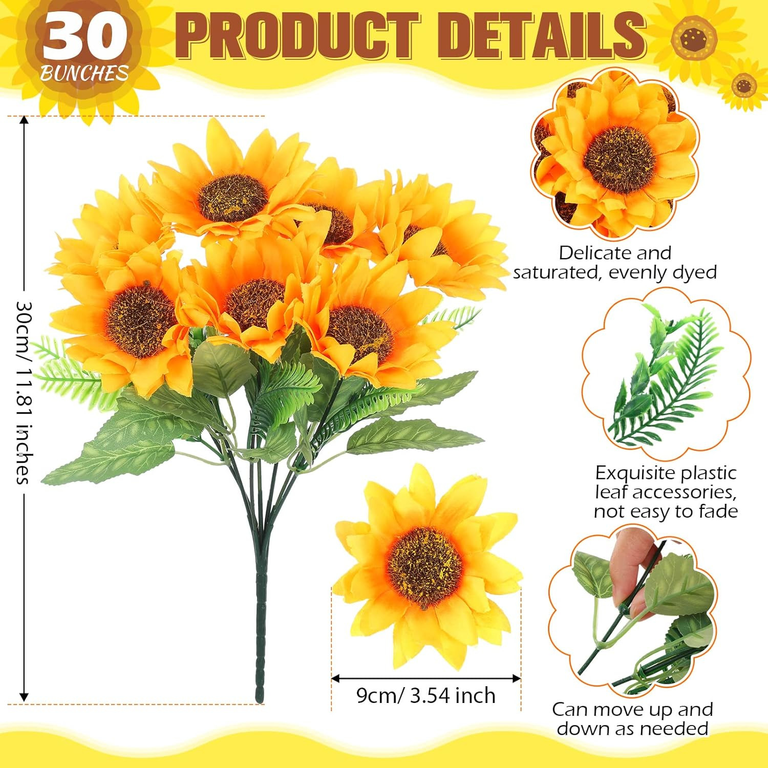30 Bunches Artificial Sunflower Bouquets for Wedding & Home Decor, 11.8″ High